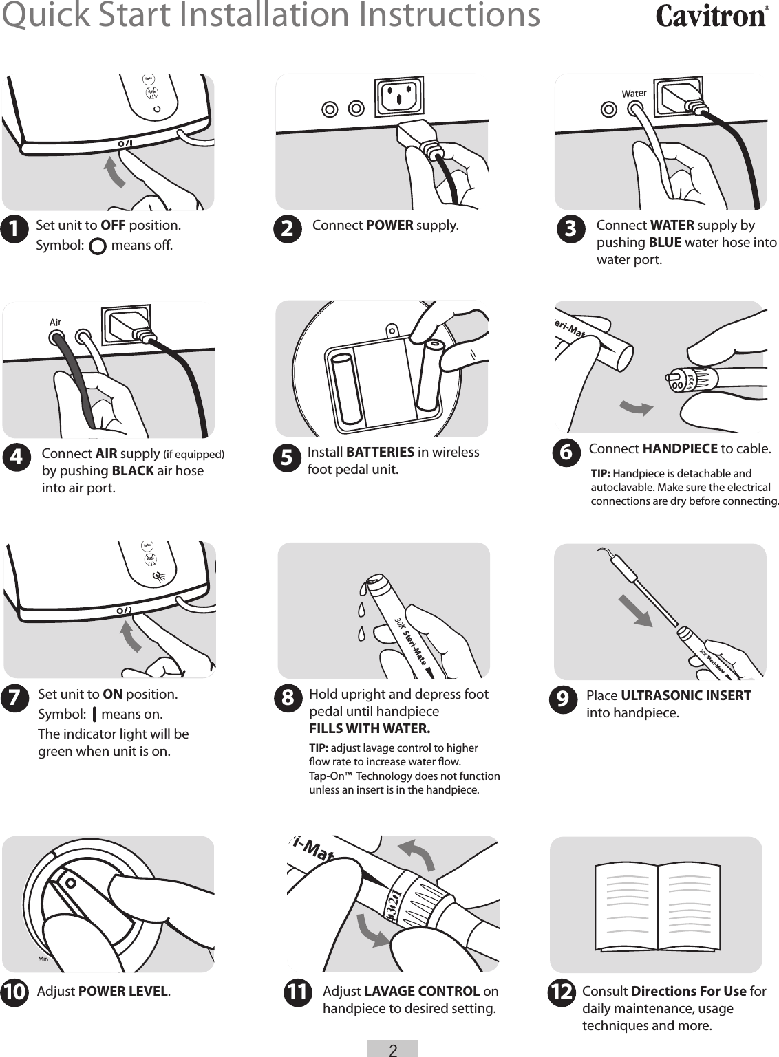 2Quick Start Installation InstructionsSet unit to OFF position.Symbol:         means o.Connect POWER supply. Connect WATER supply by pushing BLUE water hose into water port.Install BATTERIES in wireless foot pedal unit.Connect AIR supply (if equipped)by pushing BLACK air hose into air port. Hold upright and depress foot pedal until handpiece FILLS WITH WATER.TIP: adjust lavage control to higher ow rate to increase water ow.Tap-On™  Technology does not functionunless an insert is in the handpiece.TIP: Handpiece is detachable andautoclavable. Make sure the electrical connections are dry before connecting.Place ULTRASONIC INSERT into handpiece.Adjust LAVAGE CONTROL onhandpiece to desired setting.Consult Directions For Use for daily maintenance, usage techniques and more.30K  Steri-Mate30K  Steri-Mate30K  Steri-Mate1234Adjust POWER LEVEL.TurboPurge1 2 345Connect HANDPIECE to cable.68910 11 12WaterAirSet unit to ON position.Symbol:     means on. The indicator light will be green when unit is on.TurboPurge7   teri-Mate1234