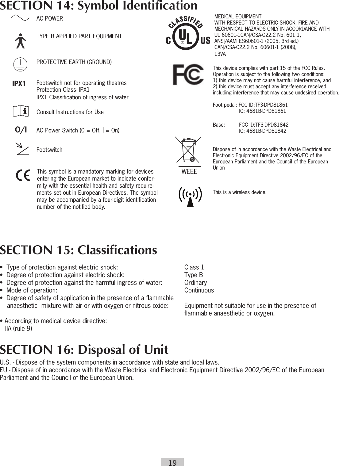 19SECTION 15: Classifications •  Type of protection against electric shock:   Class 1•  Degree of protection against electric shock:   Type B•  Degree of protection against the harmful ingress of water:  Ordinary•  Mode of operation:   Continuous•  Degree of safety of application in the presence of a flammable     anaesthetic  mixture with air or with oxygen or nitrous oxide:    Equipment not suitable for use in the presence of          flammable anaesthetic or oxygen.• According to medical device directive:    IIA (rule 9)SECTION 16: Disposal of UnitU.S. - Dispose of the system components in accordance with state and local laws. EU - Dispose of in accordance with the Waste Electrical and Electronic Equipment Directive 2002/96/EC of the European Parliament and the Council of the European Union.SECTION 14: Symbol Identification``               AC POWER  TYPE B APPLIED PART EQUIPMENT  PROTECTIVE EARTH (GROUND)  Footswitch not for operating theatres  Protection Class- IPX1   IPX1 Classification of ingress of water  Consult Instructions for Use        O/ I  AC Power Switch (0 = Off, | = On) FootswitchMEDICAL EQUIPMENTWITH RESPECT TO ELECTRIC SHOCK, FIRE AND MECHANICAL HAZARDS ONLY IN ACCORDANCE WITH UL 60601-1CAN/CSA-C22.2 No. 601.1,ANSI/AAMI ES60601-1 (2005, 3rd ed.)CAN/CSA-C22.2 No. 60601-1 (2008),13VAIPX1This device complies with part 15 of the FCC Rules.Operation is subject to the following two conditions:1) this device may not cause harmful interference, and2) this device must accept any interference received, including interference that may cause undesired operation.Foot pedal: FCC ID:TF3-DPD81861    IC: 4681B-DPD81861Base:     FCC ID:TF3-DPD81842    IC: 4681B-DPD81842Dispose of in accordance with the Waste Electrical and Electronic Equipment Directive 2002/96/EC of the European Parliament and the Council of the European UnionThis is a wireless device.WEEEThis symbol is a mandatory marking for devices entering the European market to indicate confor-mity with the essential health and safety require-ments set out in European Directives. The symbol may be accompanied by a four-digit identification number of the notified body.