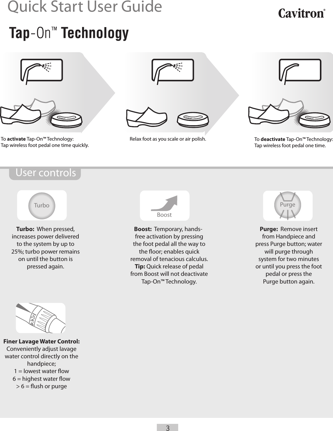3To activate Tap-On™ Technology: Tap wireless foot pedal one time quickly.Relax foot as you scale or air polish. To deactivate Tap-On™ Technology: Tap wireless foot pedal one time.Turbo:  When pressed, increases power delivered to the system by up to 25%; turbo power remains on until the button is pressed again.Boost:  Temporary, hands-free activation by pressing the foot pedal all the way to the oor; enables quick removal of tenacious calculus.Tip: Quick release of pedal from Boost will not deactivate Tap-On™ Technology.Purge:  Remove insert from Handpiece and press Purge button; water will purge through system for two minutes or until you press the foot pedal or press the Purge button again.Finer Lavage Water Control:  Conveniently adjust lavage water control directly on the handpiece; 1 = lowest water ow6 = highest water ow&gt; 6 = ush or purgeUser controls Turbo PurgeBoost30K  Steri-Mate1234Quick Start User Guide