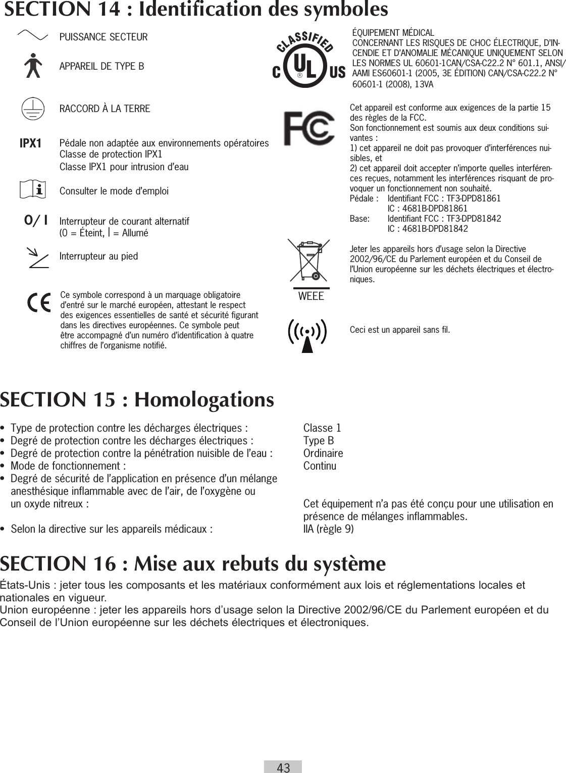 43SECTION 15 : Homologations •  Type de protection contre les décharges électriques :   Classe 1•  Degré de protection contre les décharges électriques :   Type B•  Degré de protection contre la pénétration nuisible de l’eau :  Ordinaire•  Mode de fonctionnement :   Continu•   Degré de sécurité de l’application en présence d’un mélange  anesthésique inflammable avec de l’air, de l’oxygène ou  un oxyde nitreux :     Cet équipement n’a pas été conçu pour une utilisation en présence de mélanges inflammables.•   Selon la directive sur les appareils médicaux :   IIA (règle 9)SECTION 16 : Mise aux rebuts du systèmeÉtats-Unis : jeter tous les composants et les matériaux conformément aux lois et réglementations locales et nationales en vigueur. Union européenne : jeter les appareils hors d’usage selon la Directive 2002/96/CE du Parlement européen et du Conseil de l’Union européenne sur les déchets électriques et électroniques.SECTION 14 : Identification des symboles               PUISSANCE SECTEUR   APPAREIL DE TYPE B   RACCORD À LA TERRE   Pédale non adaptée aux environnements opératoires  Classe de protection IPX1   Classe IPX1 pour intrusion d’eau Consulter le mode d’emploi        O/ I   Interrupteur de courant alternatif  (0 = Éteint, | = Allumé  Interrupteur au pied  ÉQUIPEMENT MÉDICAL CONCERNANT LES RISQUES DE CHOC ÉLECTRIQUE, D’IN-CENDIE ET D’ANOMALIE MÉCANIQUE UNIQUEMENT SELON LES NORMES UL 60601-1CAN/CSA-C22.2 N° 601.1, ANSI/AAMI ES60601-1 (2005, 3E ÉDITION) CAN/CSA-C22.2 N° 60601-1 (2008), 13VAIPX1Cet appareil est conforme aux exigences de la partie 15 des règles de la FCC.Son fonctionnement est soumis aux deux conditions sui-vantes :1) cet appareil ne doit pas provoquer d’interférences nui-sibles, et2) cet appareil doit accepter n’importe quelles interféren-ces reçues, notamment les interférences risquant de pro-voquer un fonctionnement non souhaité.Pédale :   Identifiant FCC : TF3-DPD81861  IC : 4681B-DPD81861Base:    Identifiant FCC : TF3-DPD81842   IC : 4681B-DPD81842Jeter les appareils hors d’usage selon la Directive 2002/96/CE du Parlement européen et du Conseil de l’Union européenne sur les déchets électriques et électro-niques.Ceci est un appareil sans fil.WEEECe symbole correspond à un marquage obligatoire d’entré sur le marché européen, attestant le respect des exigences essentielles de santé et sécurité figurant dans les directives européennes. Ce symbole peut être accompagné d’un numéro d’identification à quatre chiffres de l’organisme notifié.