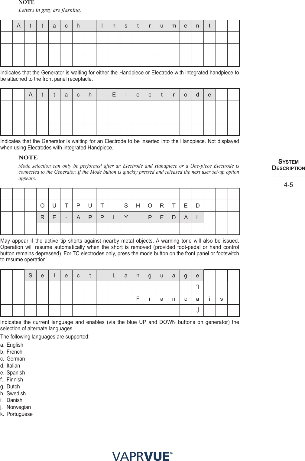 SYStem  deScRIPtIoN4-5NOTE Letters in grey are flashing.A t t a c h I n s t r u m e n tIndicates that the Generator is waiting for either the Handpiece or Electrode with integrated handpiece to be attached to the front panel receptacle.A t t a c h E l e c t r o d eIndicates that the Generator is waiting for an Electrode to be inserted into the Handpiece. Not displayed when using Electrodes with integrated Handpiece.NOTEMode selection can only be performed after an Electrode and Handpiece or a One-piece Electrode is connected to the Generator. If the Mode button is quickly pressed and released the next user set-up option appears.     O U T P U T   S H O R T E DR E - A P P L Y P E D A LMay appear if the active tip shorts against nearby metal objects. A warning tone will also be issued. Operation will resume automatically when the short is removed (provided foot-pedal or hand control button remains depressed). For TC electrodes only, press the mode button on the front panel or footswitch to resume operation. S e l e c t L a n g u a g e⇑F r a n c a i s⇓Indicates the current language and enables (via the blue UP and DOWN buttons on generator) the selection of alternate languages. The following languages are supported:a. Englishb. Frenchc. Germand. Italiane. Spanishf. Finnishg. Dutchh. Swedishi. Danishj. Norwegiank. Portuguese