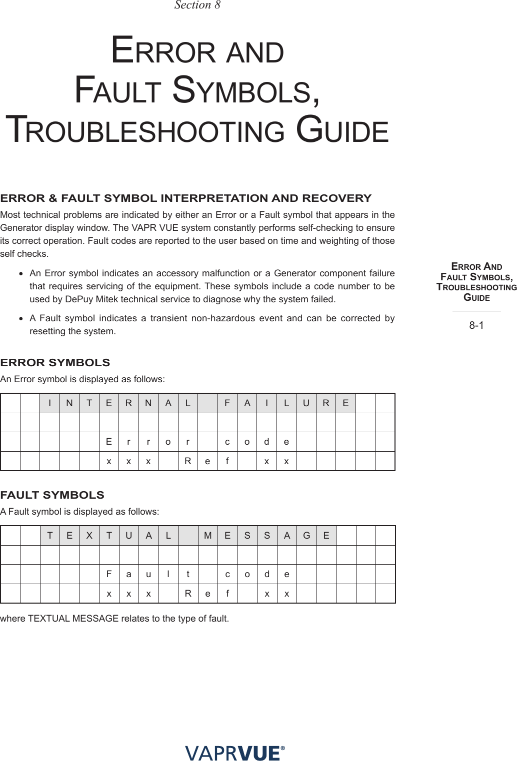 eRRoR aNd faUlt SYmBolS, tRoUBleShootING GUIde8-1Section 8error AnD FAult symBols, trouBleshootIng guIDeERROR &amp; FAULT SYMBOL INTERPRETATION AND RECOVERYMost technical problems are indicated by either an Error or a Fault symbol that appears in the Generator display window. The VAPR VUE system constantly performs self-checking to ensure its correct operation. Fault codes are reported to the user based on time and weighting of those self checks. • An Error symbol indicates an accessory malfunction or a Generator component failure that requires servicing of the equipment. These symbols include a code number to be used by DePuy Mitek technical service to diagnose why the system failed.• A Fault symbol indicates a transient non-hazardous event and can be corrected by resetting the system.ERROR SYMBOLSAn Error symbol is displayed as follows:I N T E R N A L F A I L U R EE r r o r c o d ex x x R e f x xFAULT SYMBOLSA Fault symbol is displayed as follows:T E X T U A L M E S S A G EF a u l t c o d ex x x R e f x xwhere TEXTUAL MESSAGE relates to the type of fault.