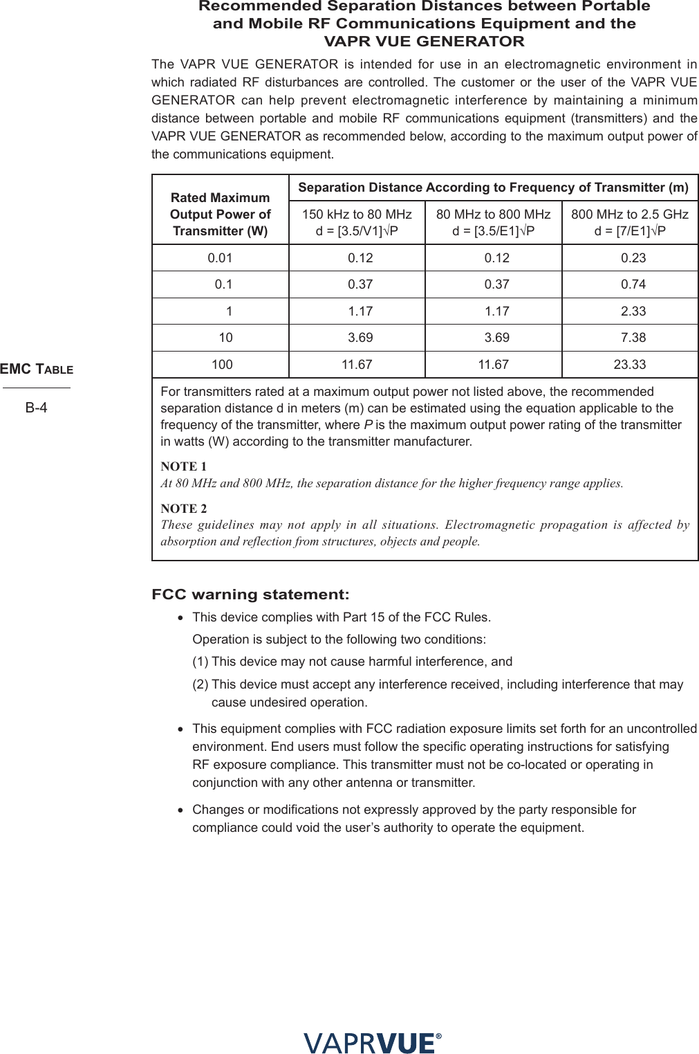 emc taBleB-4Recommended Separation Distances between Portable  and Mobile RF Communications Equipment and the  VAPR VUE GENERATOR The VAPR VUE GENERATOR is intended for use in an electromagnetic environment in which radiated RF disturbances are controlled. The customer or the user of the VAPR VUE GENERATOR can help prevent electromagnetic interference by maintaining a minimum distance between portable and mobile RF communications equipment (transmitters) and the VAPR VUE GENERATOR as recommended below, according to the maximum output power of the communications equipment.Rated Maximum Output Power of Transmitter (W)Separation Distance According to Frequency of Transmitter (m)150 kHz to 80 MHz d = [3.5/V1]√P80 MHz to 800 MHz d = [3.5/E1]√P800 MHz to 2.5 GHz  d = [7/E1]√P0.01  0.12  0.12  0.23 0.1  0.37  0.37  0.74   1  1.17  1.17  2.33   10  3.69  3.69  7.38 100 11.67 11.67 23.33For transmitters rated at a maximum output power not listed above, the recommended separation distance d in meters (m) can be estimated using the equation applicable to the frequency of the transmitter, where P is the maximum output power rating of the transmitter in watts (W) according to the transmitter manufacturer.NOTE 1 At 80 MHz and 800 MHz, the separation distance for the higher frequency range applies.NOTE 2  These guidelines may not apply in all situations. Electromagnetic propagation is affected by absorption and reflection from structures, objects and people.FCC warning statement:• This device complies with Part 15 of the FCC Rules.Operation is subject to the following two conditions:(1) This device may not cause harmful interference, and(2)  This device must accept any interference received, including interference that may cause undesired operation.• This equipment complies with FCC radiation exposure limits set forth for an uncontrolled environment. End users must follow the specific operating instructions for satisfying RF exposure compliance. This transmitter must not be co-located or operating in conjunction with any other antenna or transmitter.• Changes or modifications not expressly approved by the party responsible for compliance could void the user’s authority to operate the equipment.