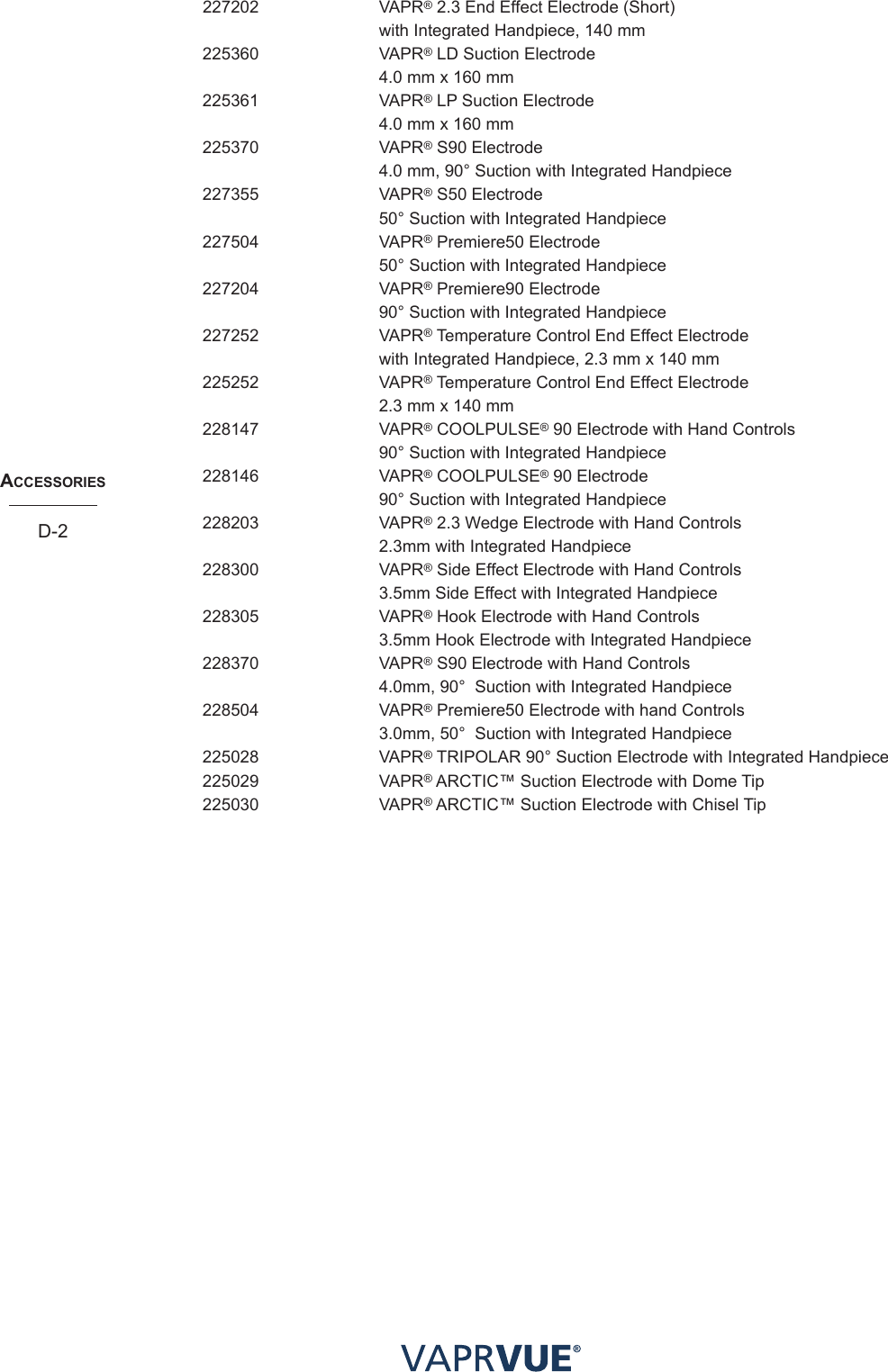 acceSSoRIeSD-2227202 VAPR® 2.3 End Effect Electrode (Short)   with Integrated Handpiece, 140 mm225360 VAPR® LD Suction Electrode   4.0 mm x 160 mm225361 VAPR® LP Suction Electrode   4.0 mm x 160 mm225370 VAPR® S90 Electrode   4.0 mm, 90° Suction with Integrated Handpiece227355 VAPR® S50 Electrode   50° Suction with Integrated Handpiece227504 VAPR® Premiere50 Electrode   50° Suction with Integrated Handpiece227204 VAPR® Premiere90 Electrode   90° Suction with Integrated Handpiece227252 VAPR® Temperature Control End Effect Electrode   with Integrated Handpiece, 2.3 mm x 140 mm225252 VAPR® Temperature Control End Effect Electrode   2.3 mm x 140 mm228147 VAPR® COOLPULSE® 90 Electrode with Hand Controls   90° Suction with Integrated Handpiece228146 VAPR® COOLPULSE® 90 Electrode   90° Suction with Integrated Handpiece228203 VAPR® 2.3 Wedge Electrode with Hand Controls  2.3mm with Integrated Handpiece228300 VAPR® Side Effect Electrode with Hand Controls  3.5mm Side Effect with Integrated Handpiece228305 VAPR® Hook Electrode with Hand Controls  3.5mm Hook Electrode with Integrated Handpiece228370 VAPR® S90 Electrode with Hand Controls  4.0mm, 90°  Suction with Integrated Handpiece228504 VAPR® Premiere50 Electrode with hand Controls  3.0mm, 50°  Suction with Integrated Handpiece225028 VAPR® TRIPOLAR 90° Suction Electrode with Integrated Handpiece225029   VAPR® ARCTIC™ Suction Electrode with Dome Tip  225030   VAPR® ARCTIC™ Suction Electrode with Chisel Tip 