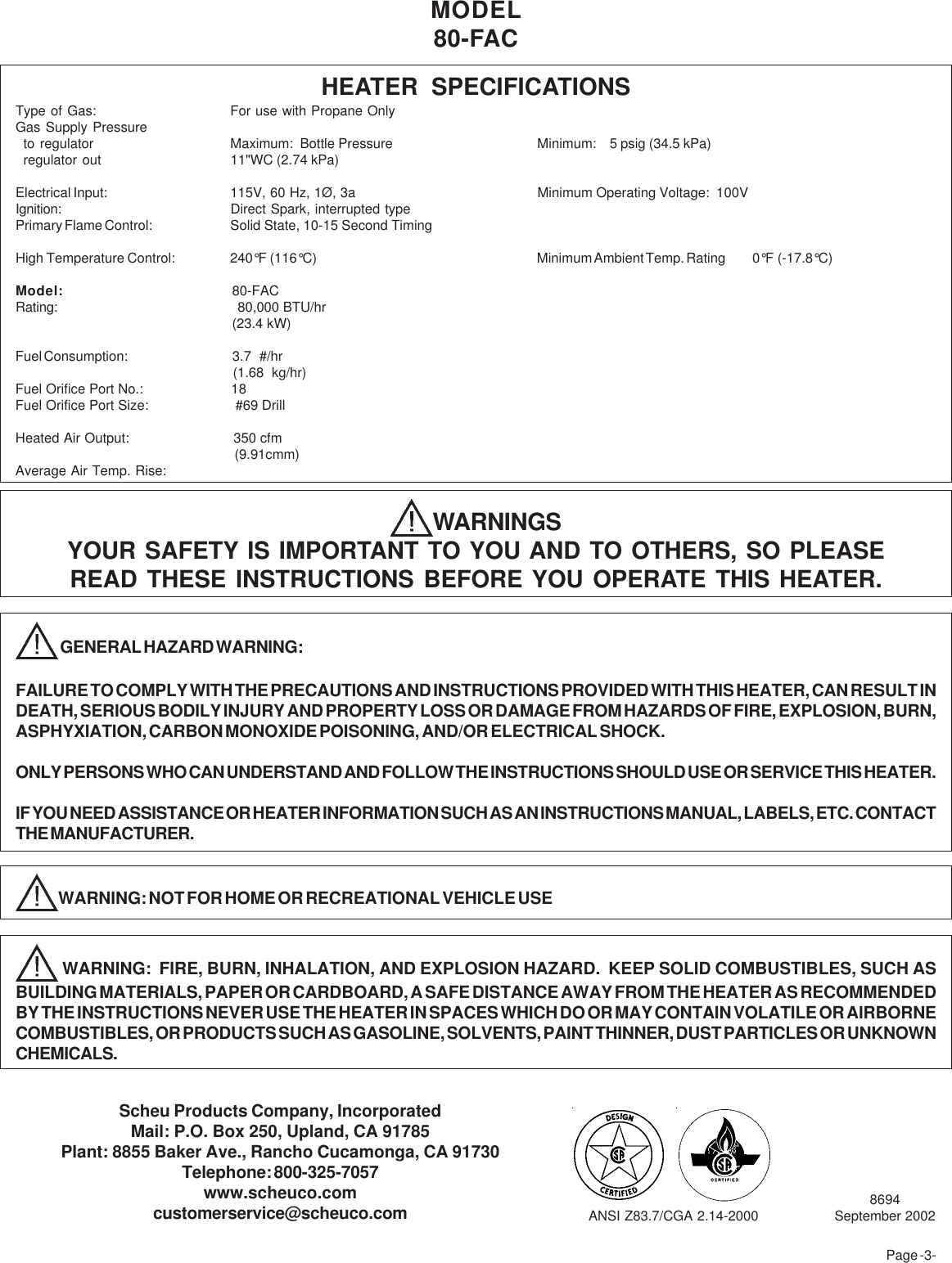 Page 2 of 11 - Desa-Tech Desa-Tech-80-Fac-Owners-Manual 80fac