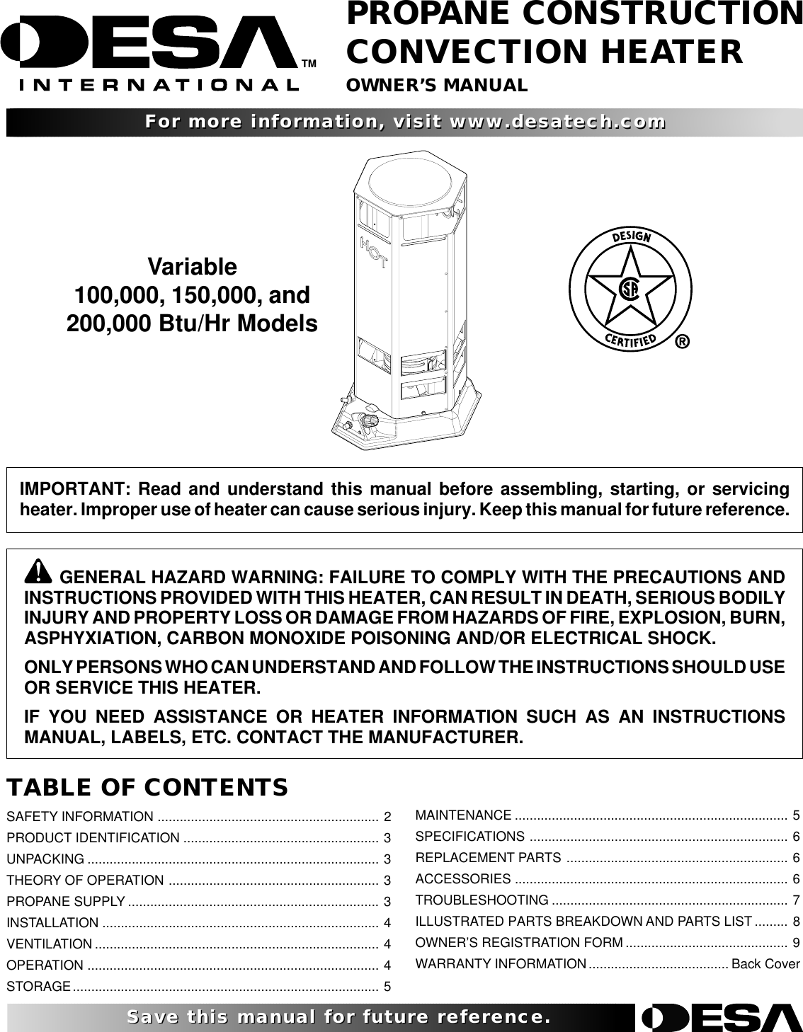Page 1 of 12 - Desa-Tech Desa-Tech-Tc80V-Owners-Manual