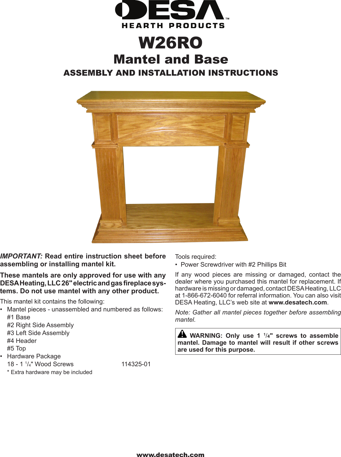 Desa Mantel And Base W26ro Users Manual