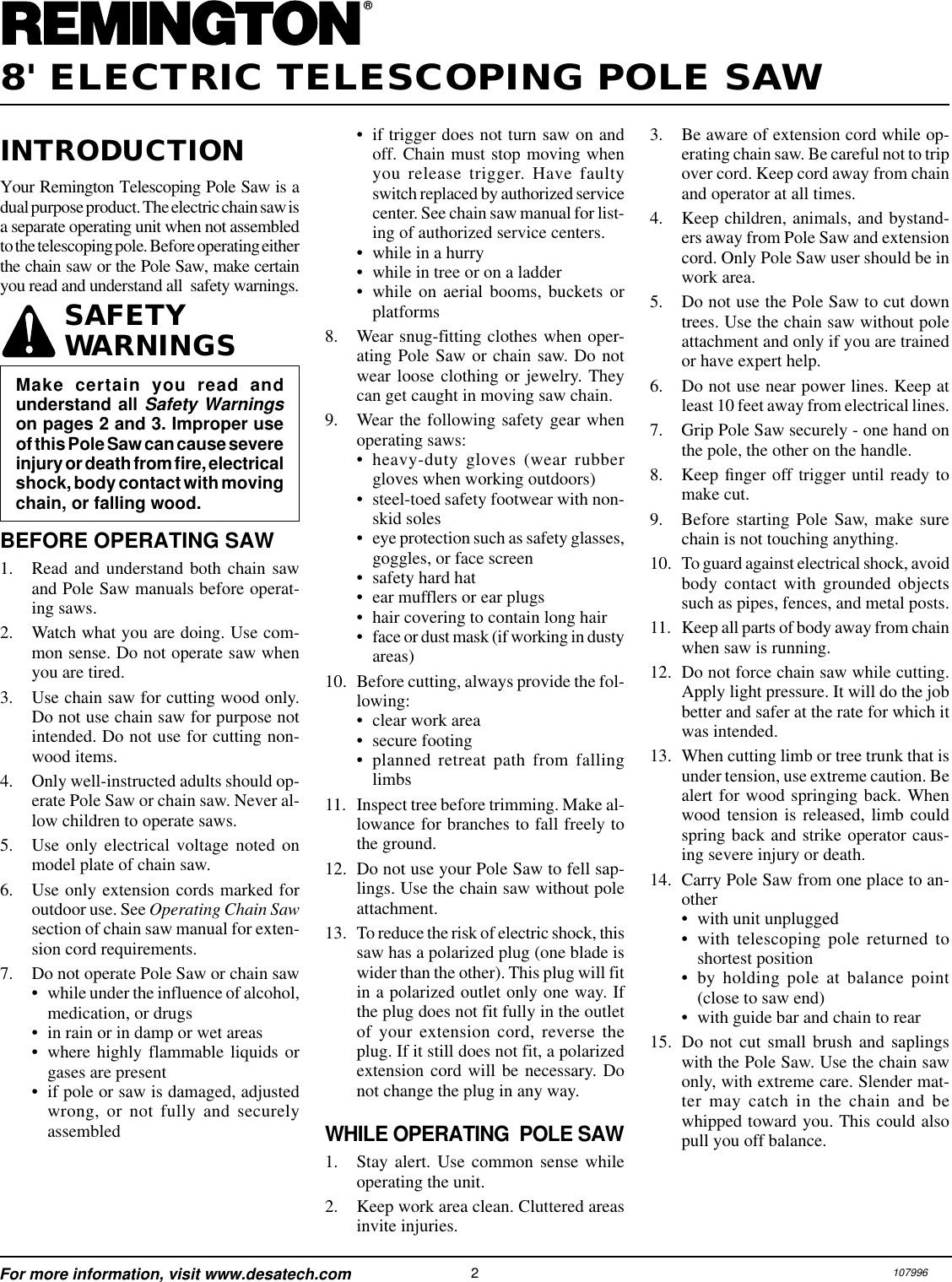 Page 2 of 8 - Desa Desa-Rps-96-Users-Manual- 104296-01  Desa-rps-96-users-manual