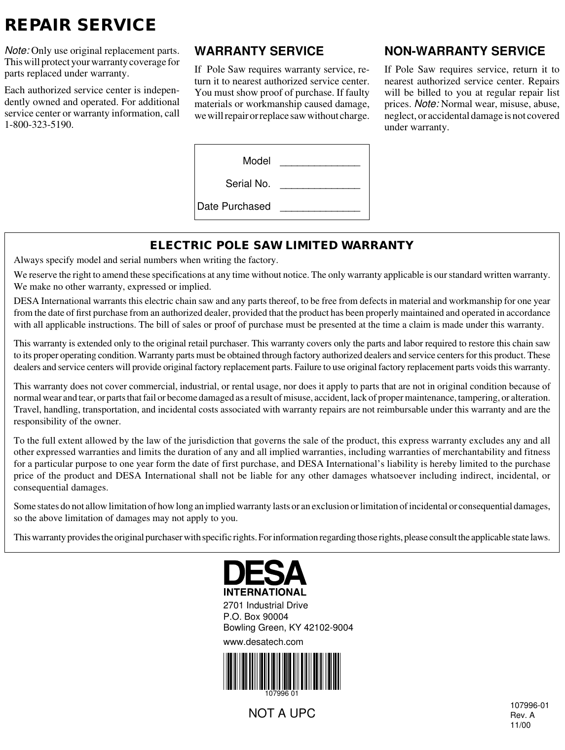Page 8 of 8 - Desa Desa-Rps-96-Users-Manual- 104296-01  Desa-rps-96-users-manual