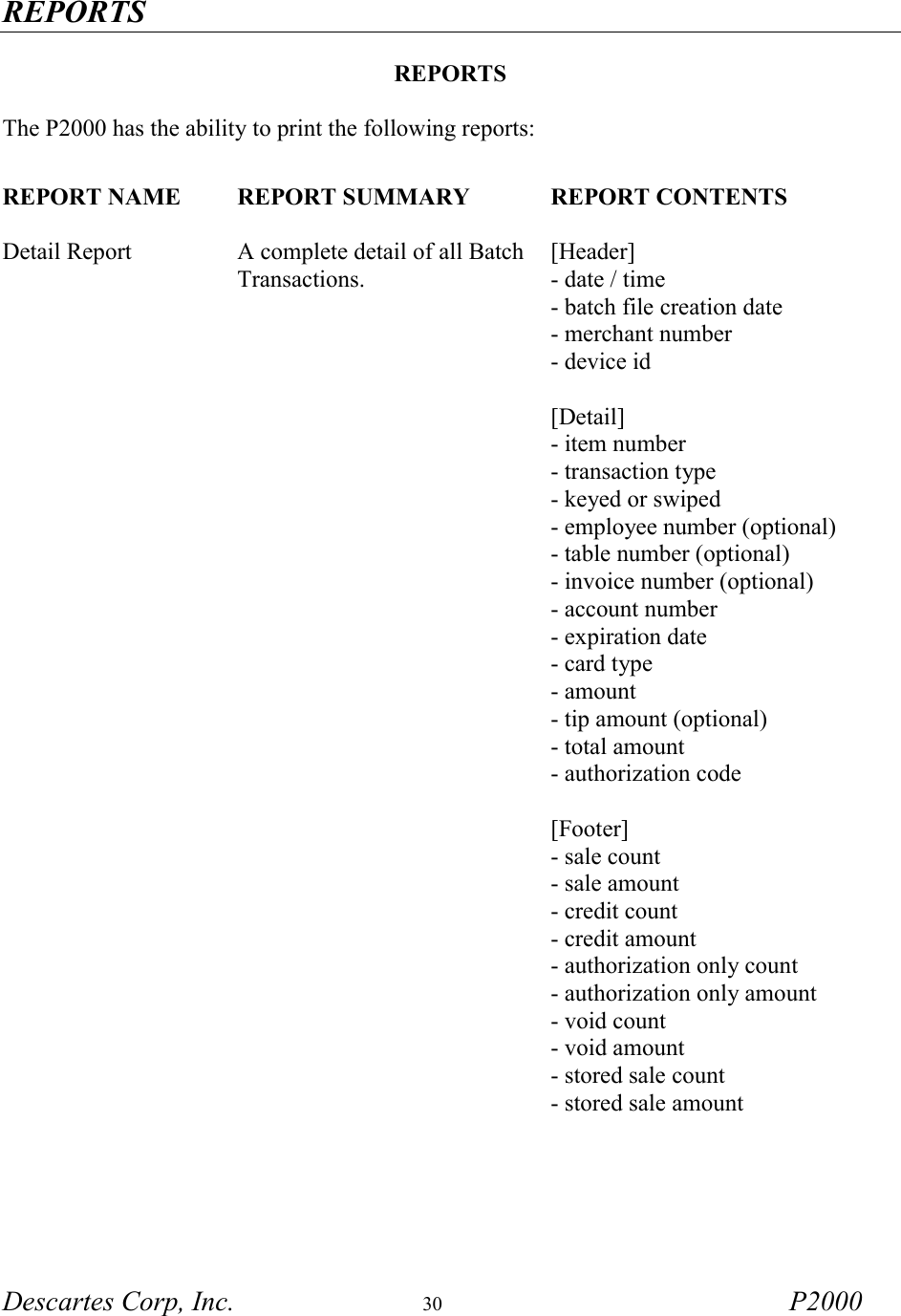 REPORTS Descartes Corp, Inc.  30 P2000   REPORTS  The P2000 has the ability to print the following reports:  REPORT NAME  REPORT SUMMARY  REPORT CONTENTS     Detail Report  A complete detail of all Batch Transactions. [Header] - date / time - batch file creation date - merchant number - device id  [Detail] - item number - transaction type - keyed or swiped - employee number (optional) - table number (optional) - invoice number (optional) - account number - expiration date - card type - amount - tip amount (optional) - total amount - authorization code  [Footer] - sale count - sale amount - credit count - credit amount - authorization only count - authorization only amount - void count - void amount - stored sale count - stored sale amount 
