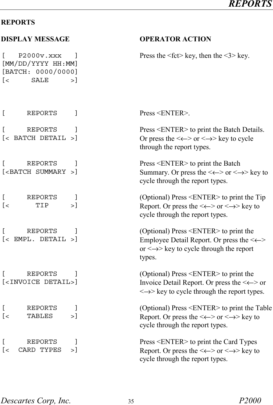   REPORTS  Descartes Corp, Inc.  35 P2000  REPORTS  DISPLAY MESSAGE  OPERATOR ACTION   [   P2000v.xxx   ] [MM/DD/YYYY HH:MM] [BATCH: 0000/0000] [<     SALE     >]   Press the <fct> key, then the <3> key.    [     REPORTS    ]  Press <ENTER>. [     REPORTS    ] [< BATCH DETAIL >] Press <ENTER> to print the Batch Details. Or press the <&larr;> or <&rarr;> key to cycle through the report types.   [     REPORTS    ] [<BATCH SUMMARY >] Press <ENTER> to print the Batch Summary. Or press the <&larr;> or <&rarr;> key to cycle through the report types.   [     REPORTS    ] [<      TIP     >] (Optional) Press <ENTER> to print the Tip Report. Or press the <&larr;> or <&rarr;> key to cycle through the report types.   [     REPORTS    ] [< EMPL. DETAIL >] (Optional) Press <ENTER> to print the Employee Detail Report. Or press the <&larr;> or <&rarr;> key to cycle through the report types.   [     REPORTS    ] [<INVOICE DETAIL>] (Optional) Press <ENTER> to print the Invoice Detail Report. Or press the <&larr;> or <&rarr;> key to cycle through the report types.   [     REPORTS    ] [<    TABLES    >] (Optional) Press <ENTER> to print the Table Report. Or press the <&larr;> or <&rarr;> key to cycle through the report types.   [     REPORTS    ] [<  CARD TYPES  >] Press <ENTER> to print the Card Types Report. Or press the <&larr;> or <&rarr;> key to cycle through the report types.   