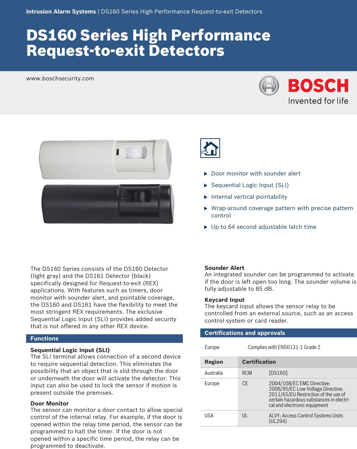 Page 1 of 3 - Detection Systems DS160 Series High Performance Request‑to‑exit Detectors Request-to-exit Data Sheet DS161 En US