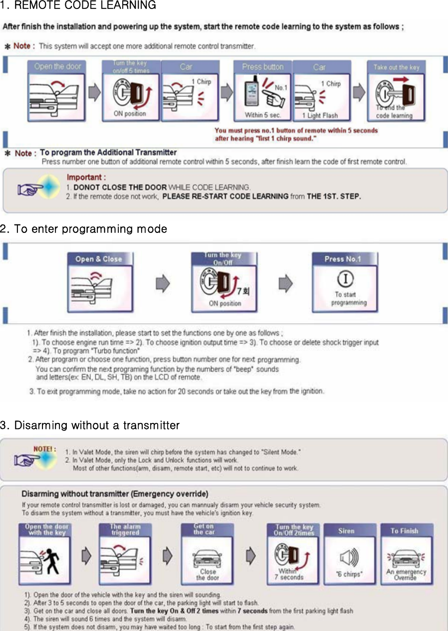 1. REMOTE CODE LEARNING2. To enter programming mode3. Disarming without a transmitter