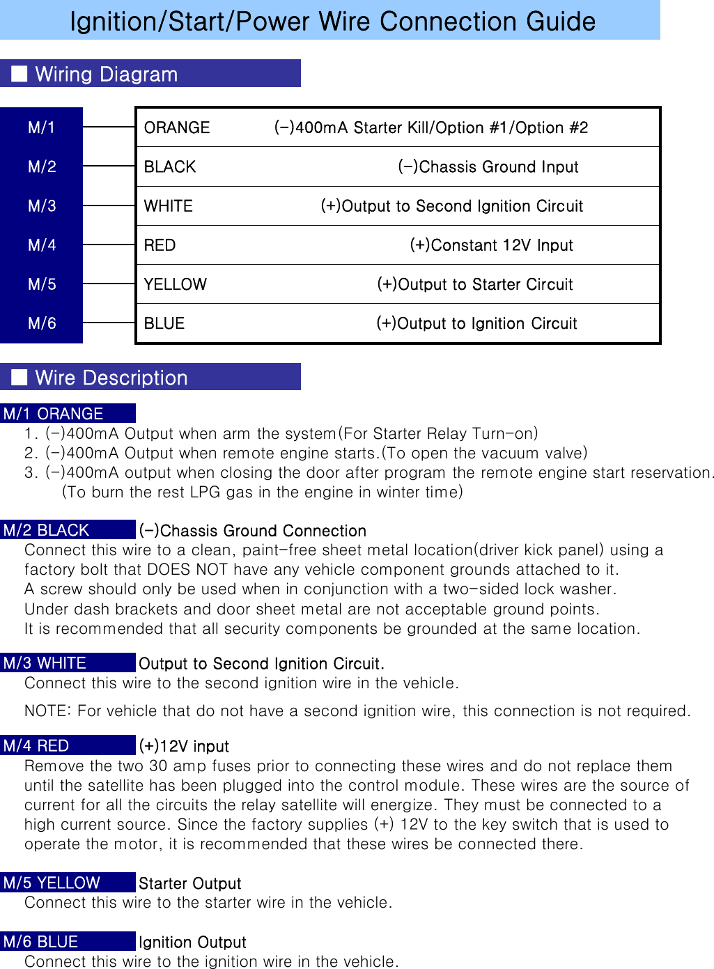     1. (-)400mA Output when arm the system(For Starter Relay Turn-on)    2. (-)400mA Output when remote engine starts.(To open the vacuum valve)    3. (-)400mA output when closing the door after program the remote engine start reservation.           (To burn the rest LPG gas in the engine in winter time)(-)Chassis Ground Connection      Connect this wire to a clean, paint-free sheet metal location(driver kick panel) using a    factory bolt that DOES NOT have any vehicle component grounds attached to it.    A screw should only be used when in conjunction with a two-sided lock washer.    Under dash brackets and door sheet metal are not acceptable ground points.     It is recommended that all security components be grounded at the same location.Output to Second Ignition Circuit.    Connect this wire to the second ignition wire in the vehicle.    NOTE: For vehicle that do not have a second ignition wire, this connection is not required.(+)12V input    Remove the two 30 amp fuses prior to connecting these wires and do not replace them    until the satellite has been plugged into the control module. These wires are the source of    current for all the circuits the relay satellite will energize. They must be connected to a    high current source. Since the factory supplies (+) 12V to the key switch that is used to    operate the motor, it is recommended that these wires be connected there.Starter Output    Connect this wire to the starter wire in the vehicle.Ignition Output    Connect this wire to the ignition wire in the vehicle.M/6 BLUE M/2 BLACK M/3 WHITE M/4 RED M/5 YELLOW M/6  BLUE                                    (+)Output to Ignition Circuit ■ Wire DescriptionM/1 ORANGE M/4  RED                                            (+)Constant 12V InputM/5  YELLOW                                (+)Output to Starter CircuitM/2  BLACK                                      (-)Chassis Ground InputM/3  WHITE                        (+)Output to Second Ignition CircuitIgnition/Start/Power Wire Connection Guide ■ Wiring DiagramM/1  ORANGE            (-)400mA Starter Kill/Option #1/Option #2