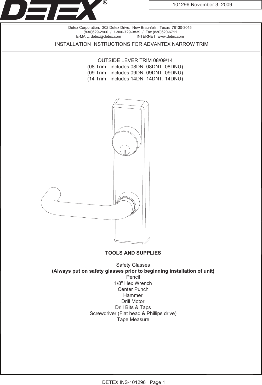 Detex Installation Instructions For Advantex Narrow Outside Lever Trim
