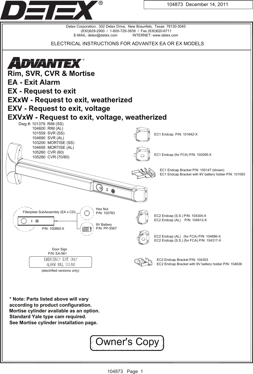 Detex Electrical Instructions For Advantex Ea Or Ex S 104873