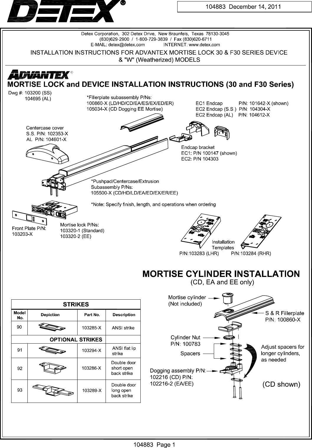 Page 1 of 4 - Detex R Installation Instructions For Advantex Mortise Lock 30/F30 Series Device And W S 104883