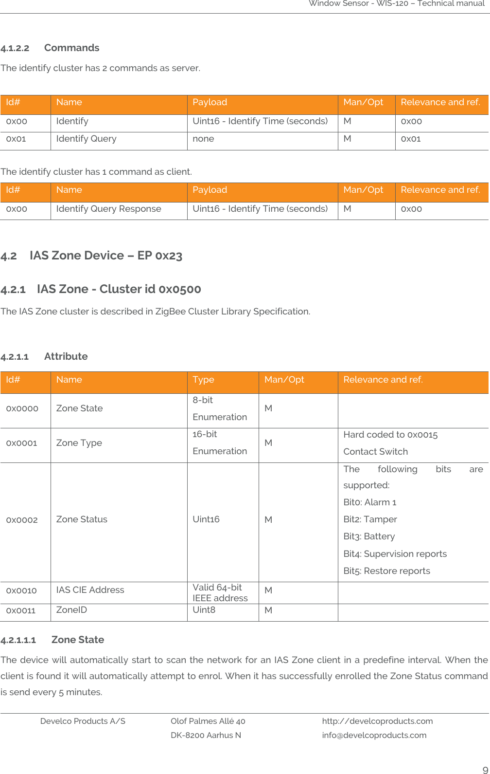 Window Sensor - WIS-120 – Technical manual   Develco Products A/S Olof Palmes Allé 40 http://develcoproducts.com  DK-8200 Aarhus N info@develcoproducts.com  9 4.1.2.2 Commands  The identify cluster has 2 commands as server.  Id# Name Payload Man/Opt Relevance and ref. 0x00 Identify Uint16 - Identify Time (seconds) M 0x00 0x01 Identify Query none M 0x01  The identify cluster has 1 command as client. Id# Name Payload Man/Opt Relevance and ref. 0x00 Identify Query Response Uint16 - Identify Time (seconds) M 0x00  4.2 IAS Zone Device – EP 0x23 4.2.1 IAS Zone - Cluster id 0x0500 The IAS Zone cluster is described in ZigBee Cluster Library Specification.  4.2.1.1 Attribute  Id# Name Type Man/Opt Relevance and ref. 0x0000 Zone State 8-bit Enumeration M  0x0001 Zone Type 16-bit Enumeration M Hard coded to 0x0015 Contact Switch 0x0002 Zone Status Uint16 M The  following  bits  are supported: Bit0: Alarm 1 Bit2: Tamper Bit3: Battery  Bit4: Supervision reports Bit5: Restore reports 0x0010 IAS CIE Address Valid 64-bit IEEE address  M  0x0011 ZoneID Uint8 M  4.2.1.1.1 Zone State The device  will automatically start  to scan the  network for an IAS  Zone client  in a predefine  interval. When  the client is found it will automatically attempt to enrol. When it has successfully enrolled the Zone Status command is send every 5 minutes.    