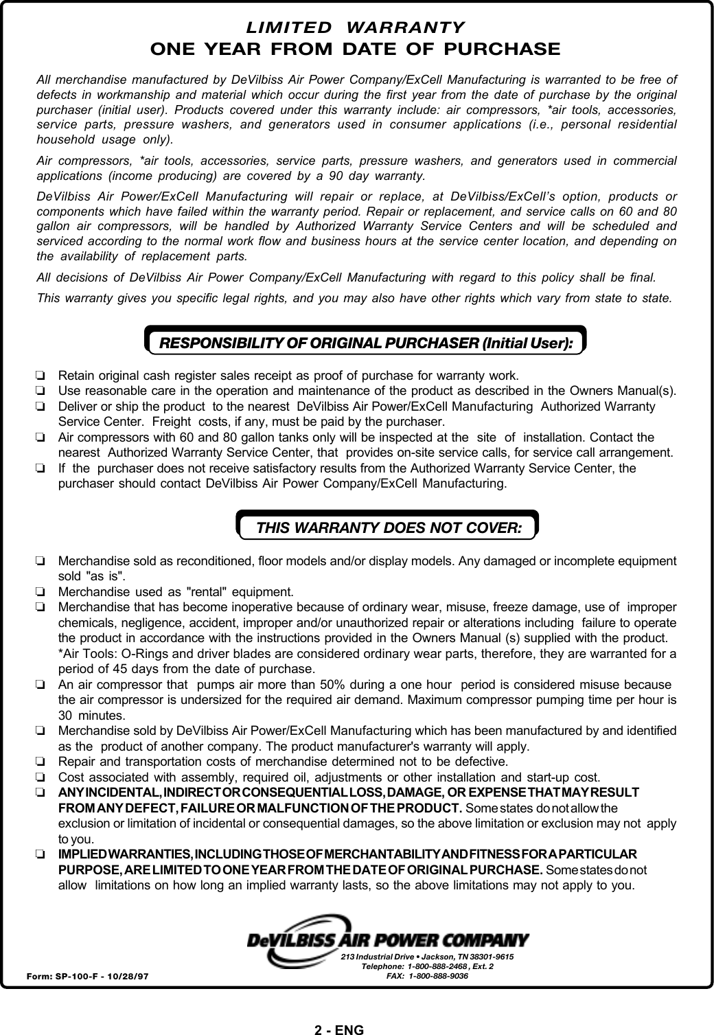 Page 2 of 12 - Devilbiss Devilbiss-Fa125-Users-Manual-  Devilbiss-fa125-users-manual