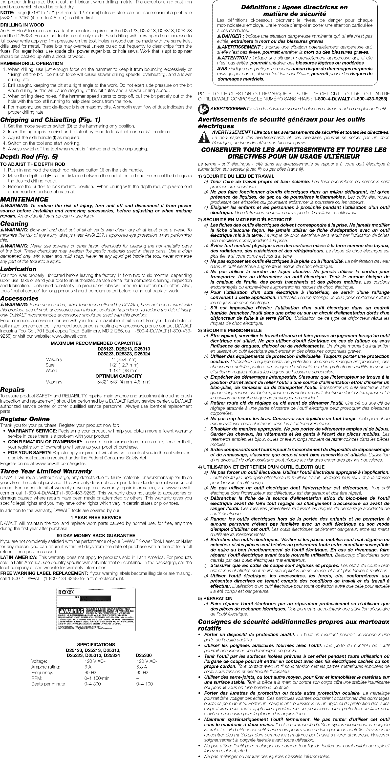 Dewalt D25223K TYPE 2 User Manual ROTARY HAMMER Manuals And Guides 1502085L