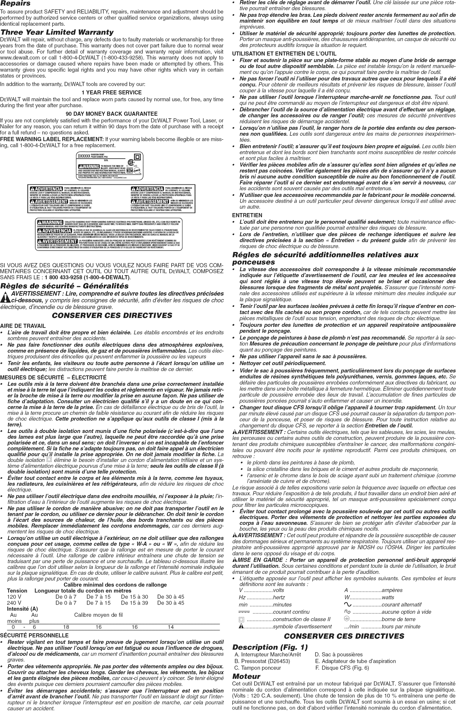 Page 3 of 6 - Dewalt D26451 TYPE 1 User Manual  SANDER - Manuals And Guides 1311216L