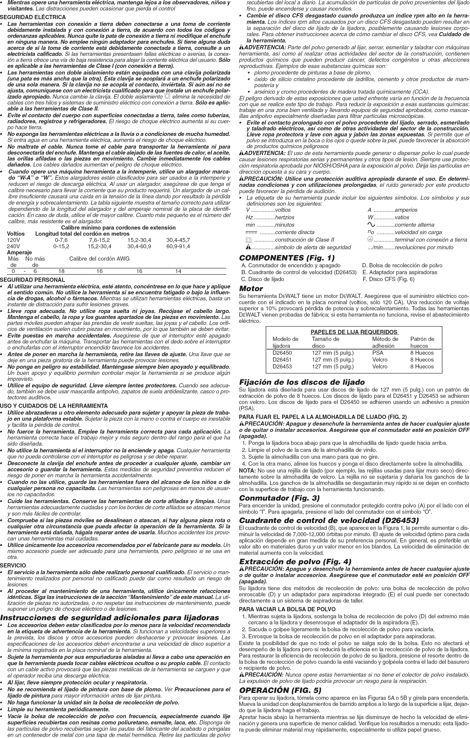 Page 5 of 6 - Dewalt D26451 TYPE 1 User Manual  SANDER - Manuals And Guides 1311216L