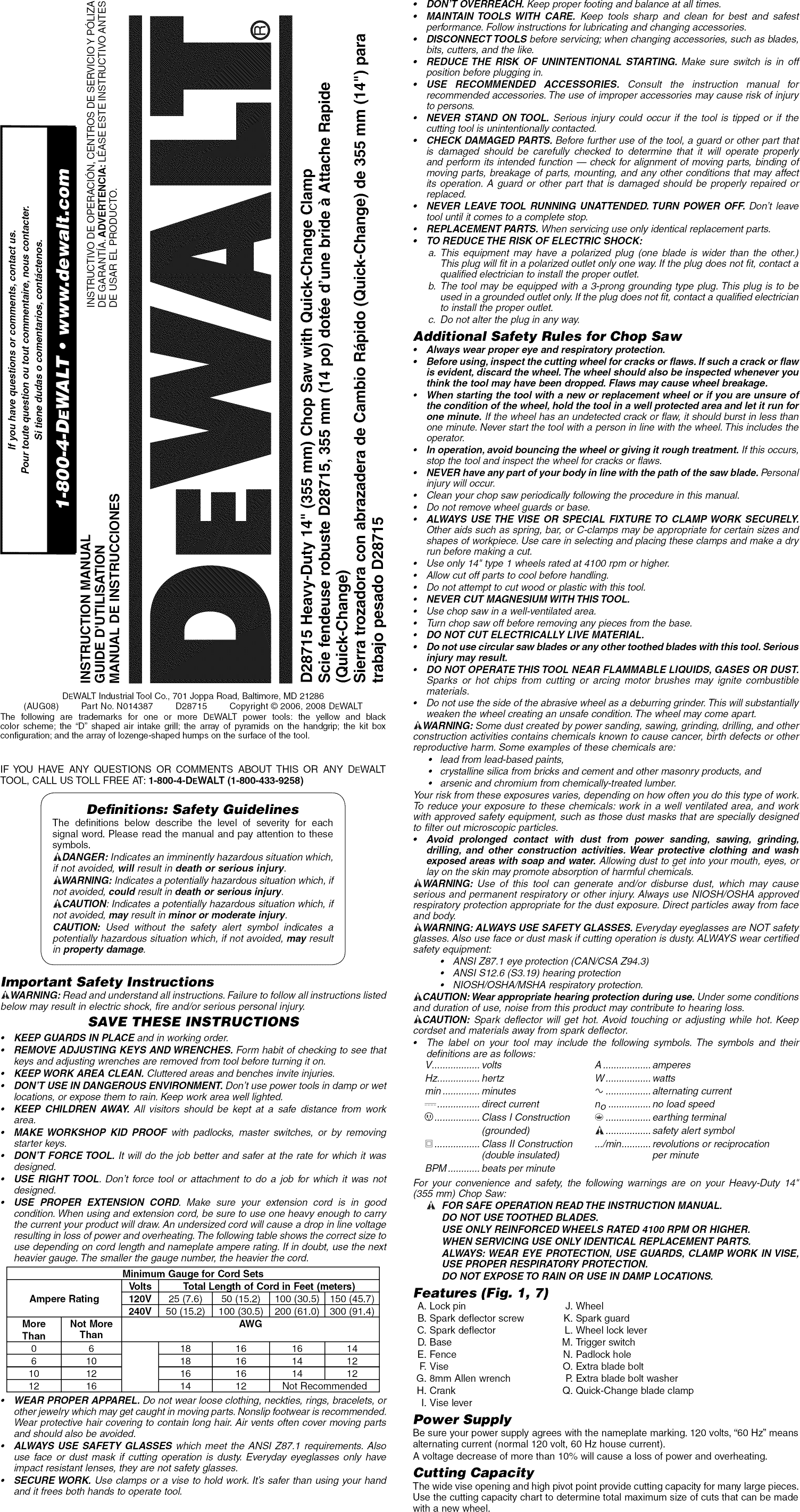 Page 1 of 7 - Dewalt D28715 TYPE1 User Manual  SAW CHOP - Manuals And Guides 1301208L