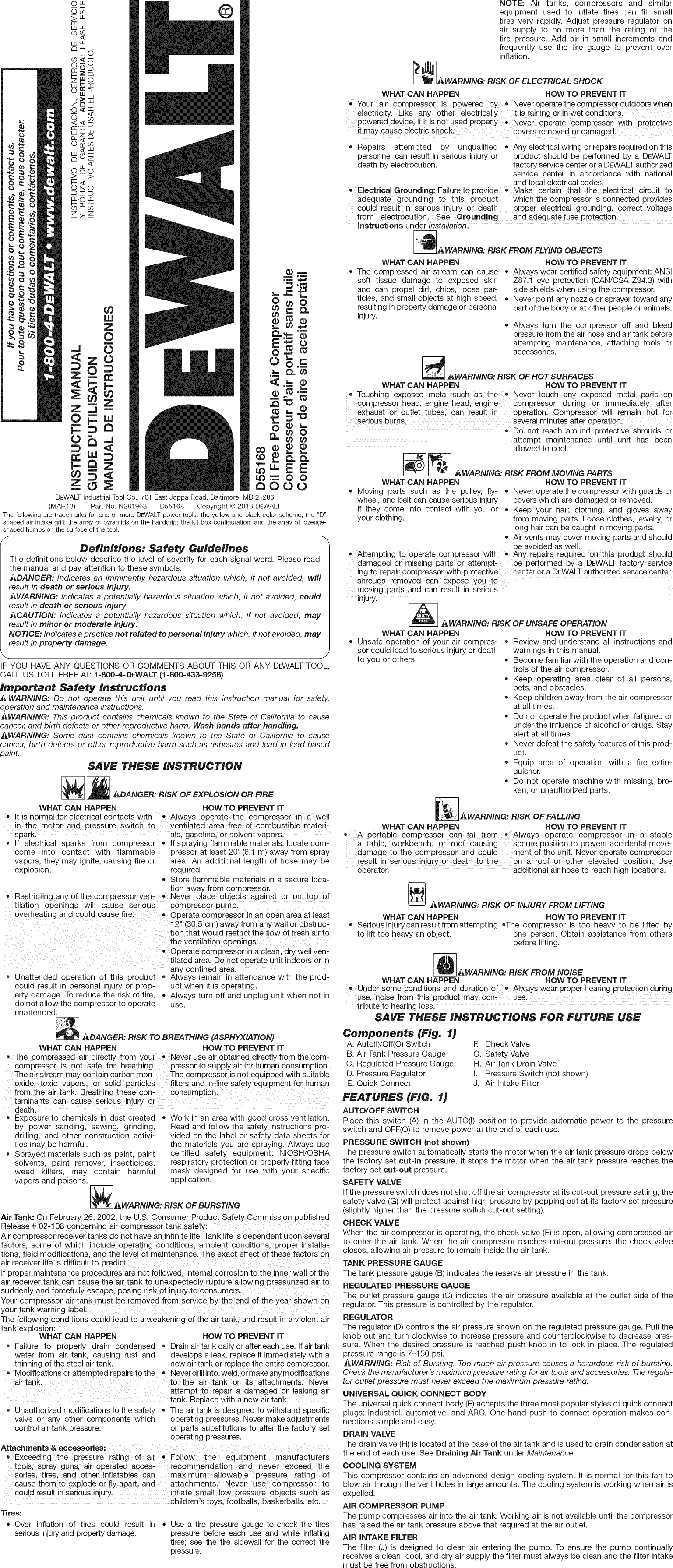 Page 1 of 7 - Dewalt D55168 TYPE 6 1406356L User Manual COMPRESSOR - Manuals And Guides