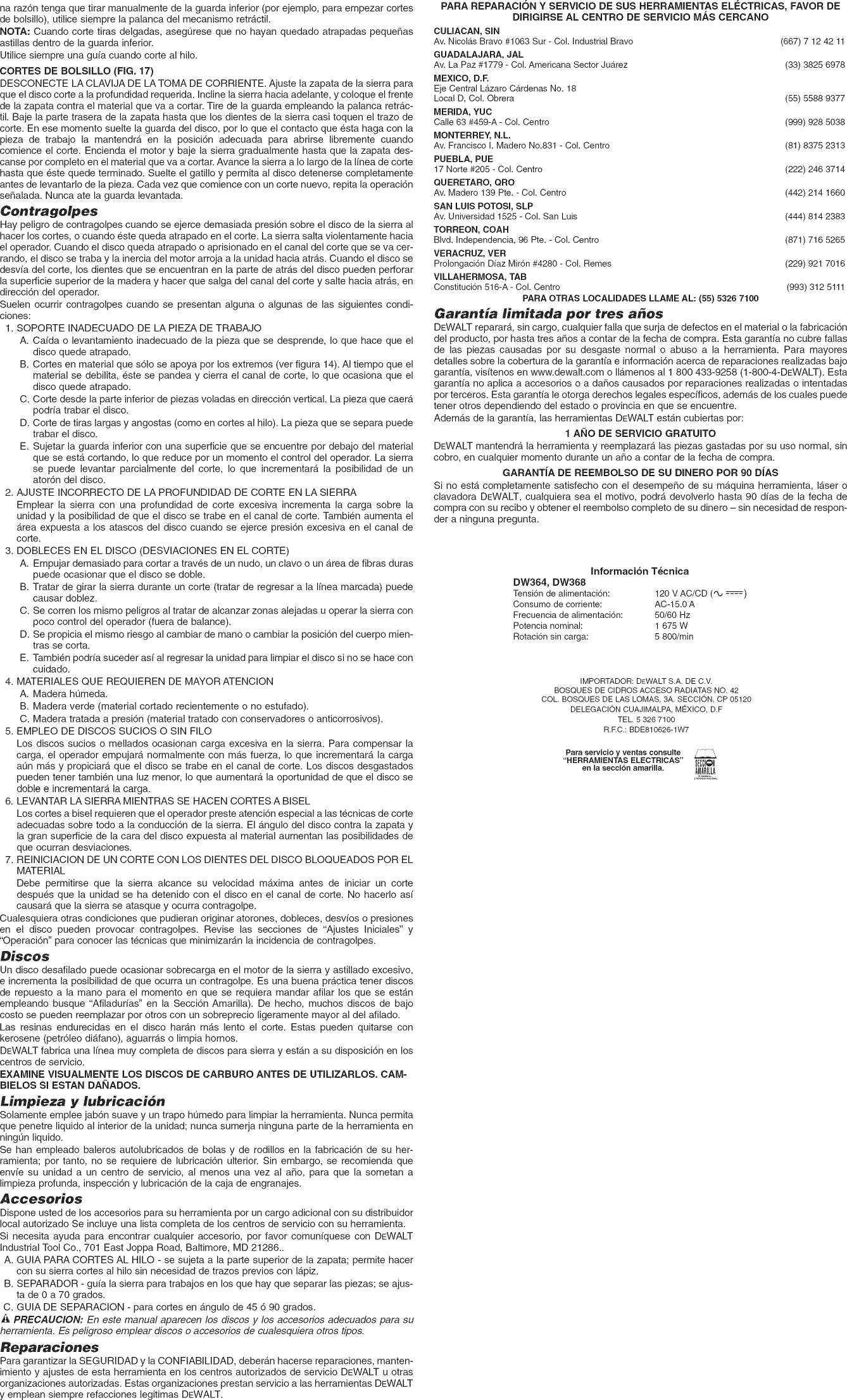 Page 7 of 7 - Dewalt DW364 TYPE3 1212505L User Manual 7 1/4 CIRCULAR SAW - Manuals And Guides