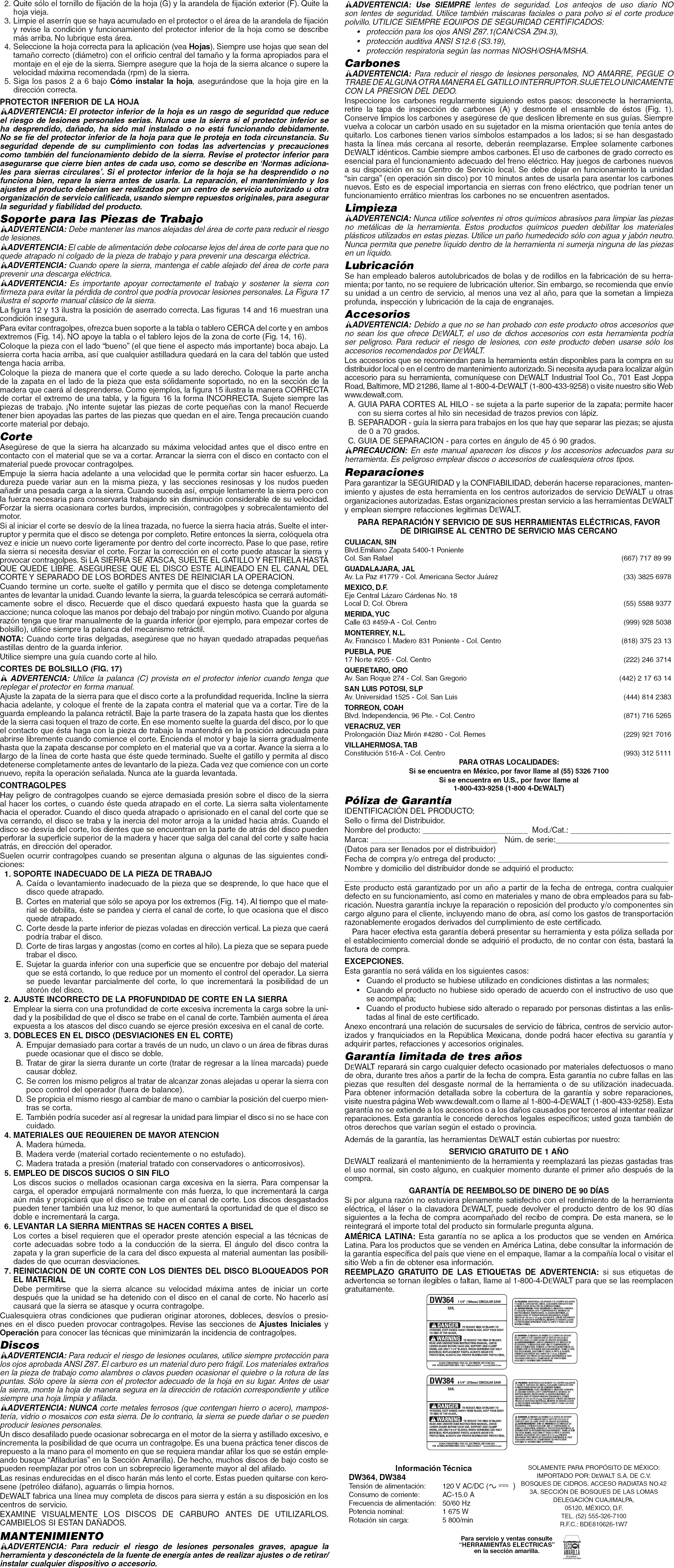 Dewalt DW364 TYPE6 1212507L User Manual SAW CIRCULAR Manuals And Guides