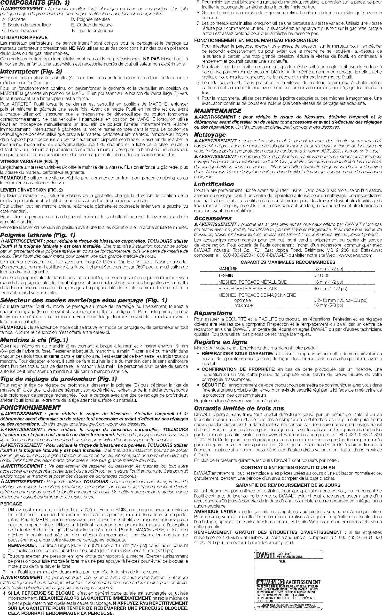 Page 4 of 7 - Dewalt DW511 TYPE 5 1603218L User Manual DRILL HAMMER - Manuals And Guides