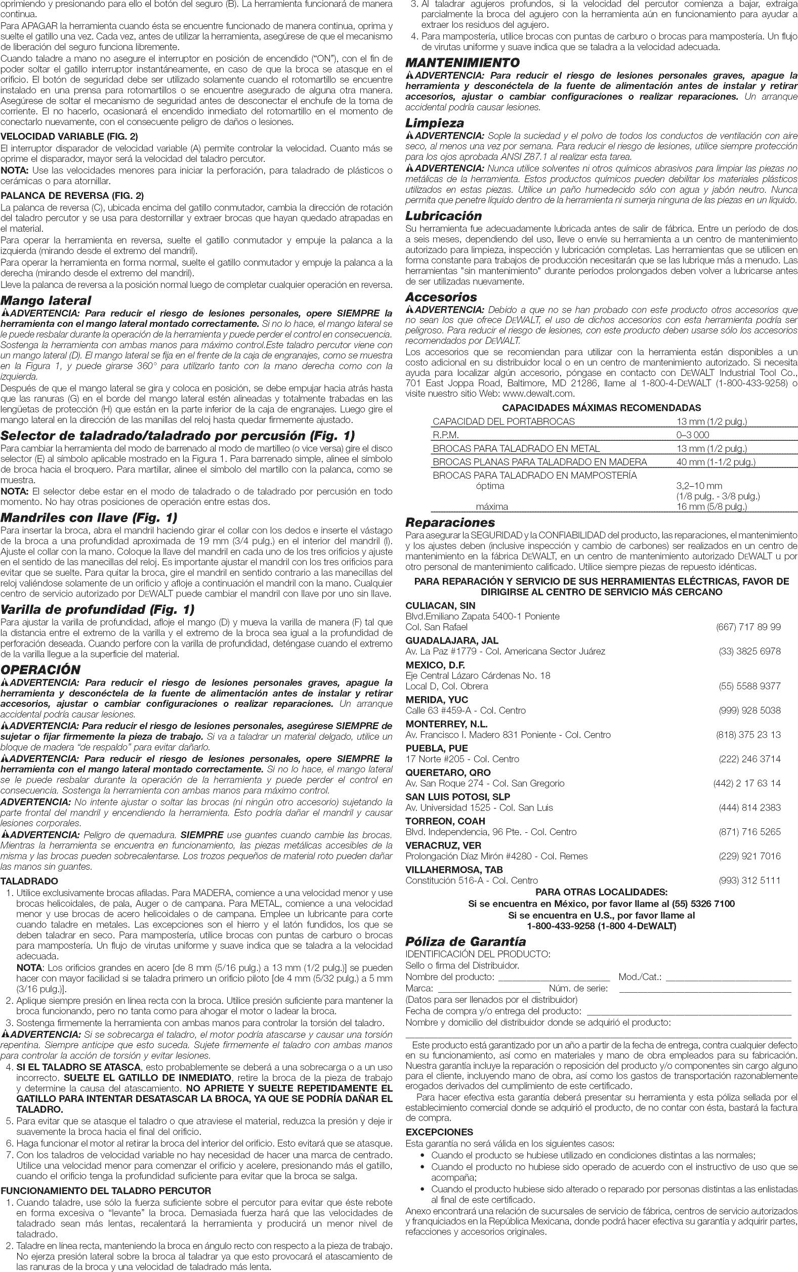 Page 6 of 7 - Dewalt DW511 TYPE 5 1603218L User Manual DRILL HAMMER - Manuals And Guides