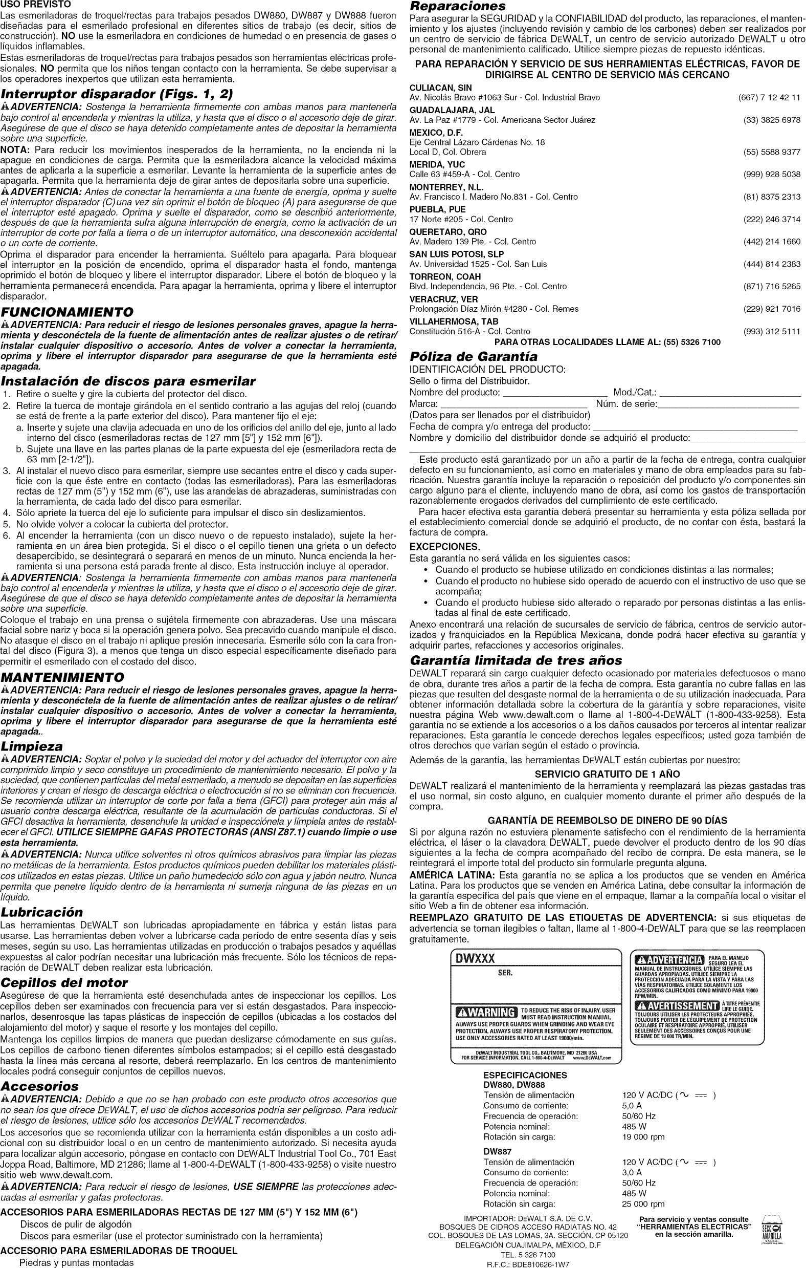 Dewalt DW880 TYPE 3 User Manual GRINDER Manuals And Guides 1212150L