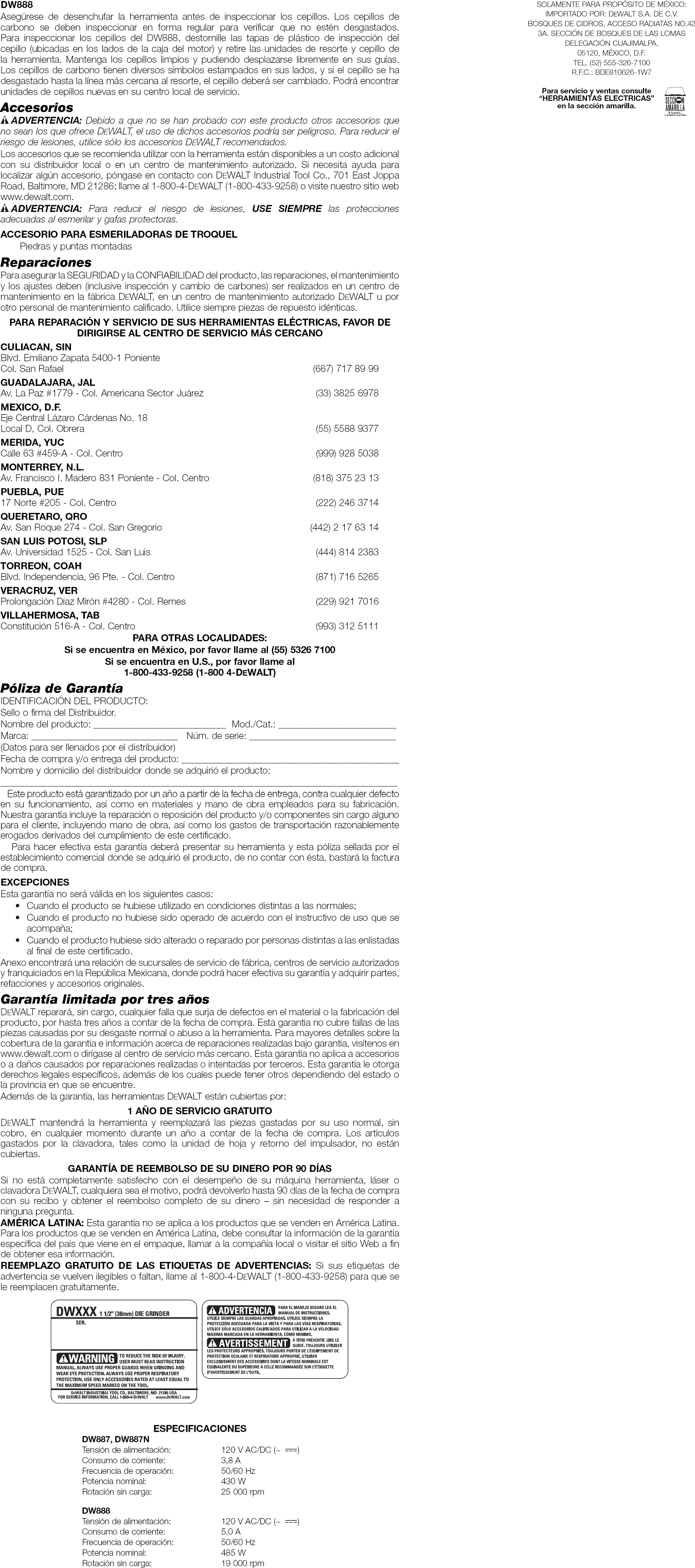 Page 7 of 7 - Dewalt DW887 TYPE4 User Manual DIE GRINDER - Manuals And Guides 1212152L