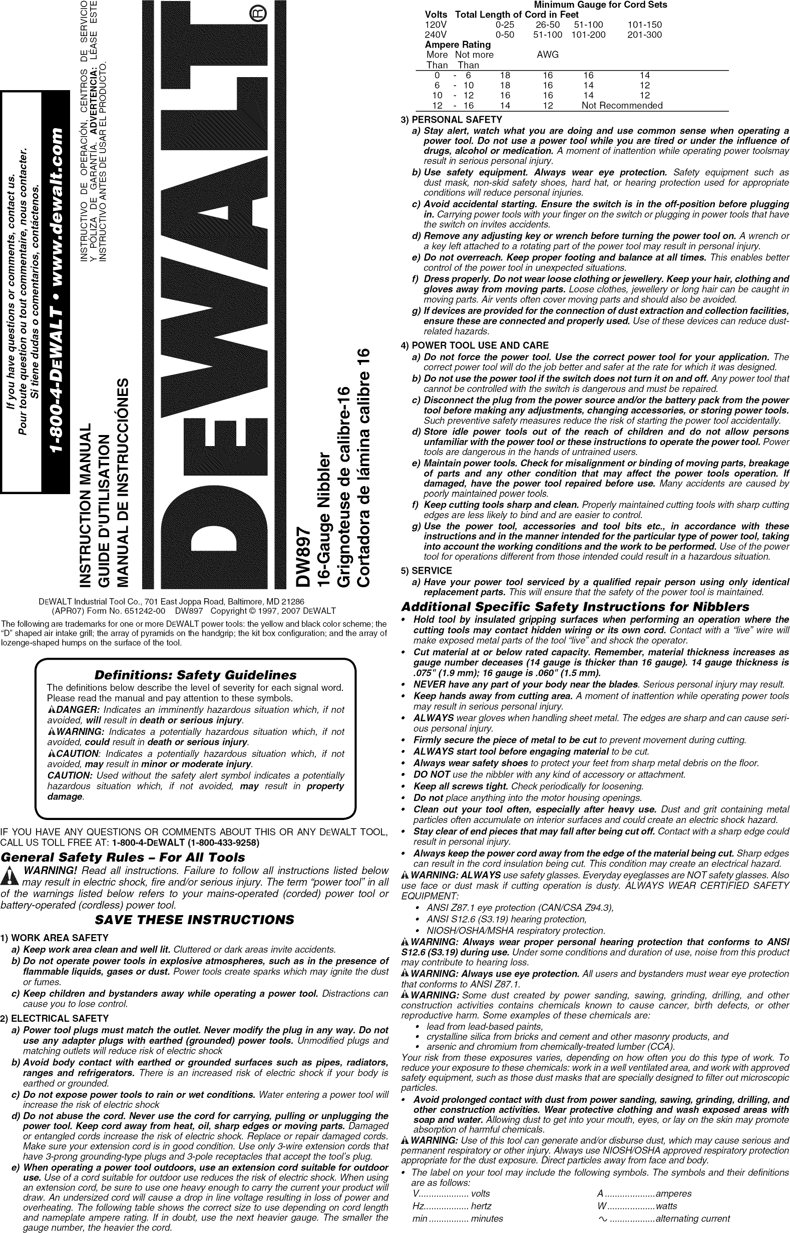 Page 1 of 6 - Dewalt DW897 TYPE 2 User Manual  16-GAUGE NIBBLER - Manuals And Guides 1410044L