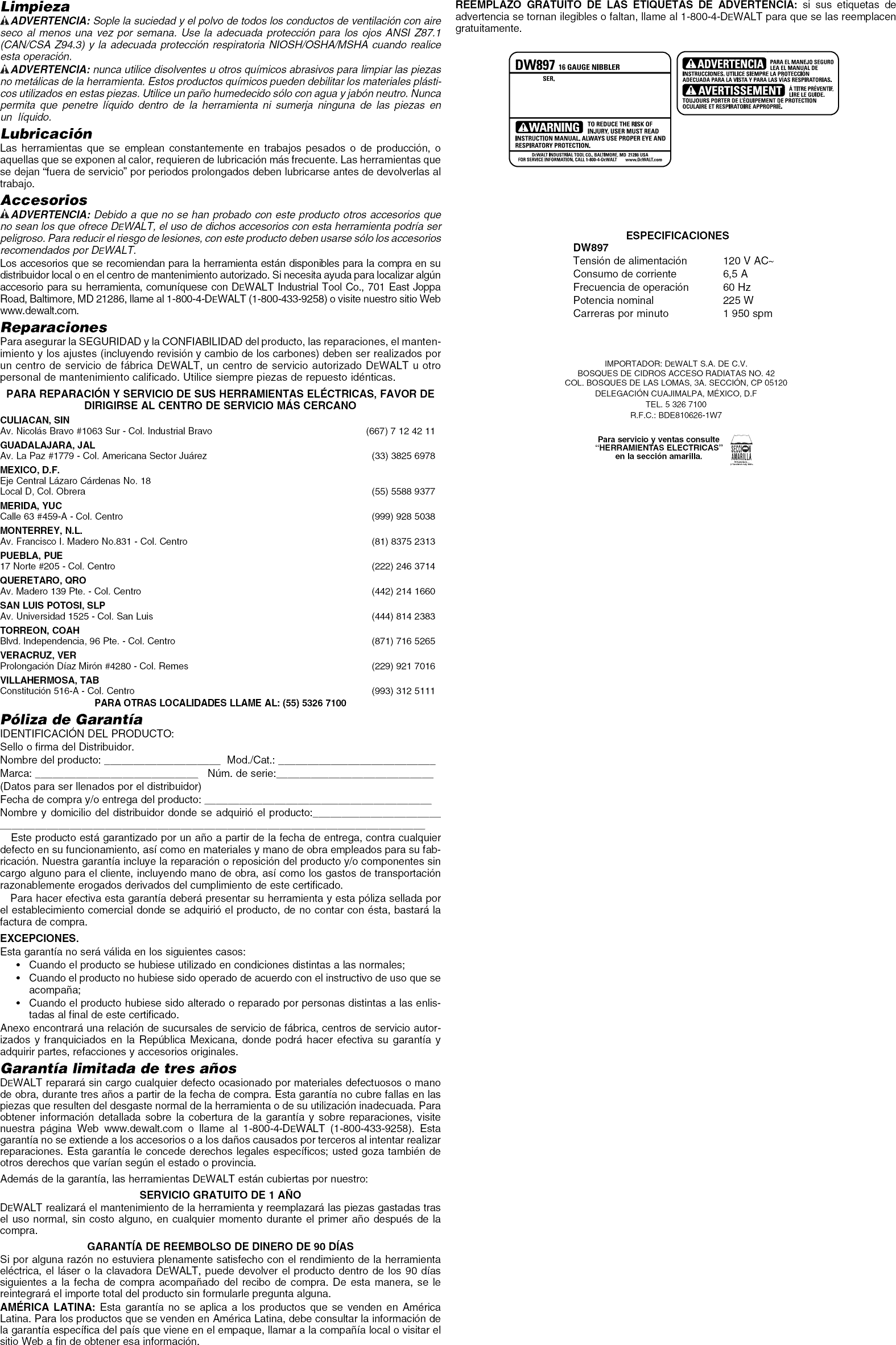 Page 6 of 6 - Dewalt DW897 TYPE 2 User Manual  16-GAUGE NIBBLER - Manuals And Guides 1410044L