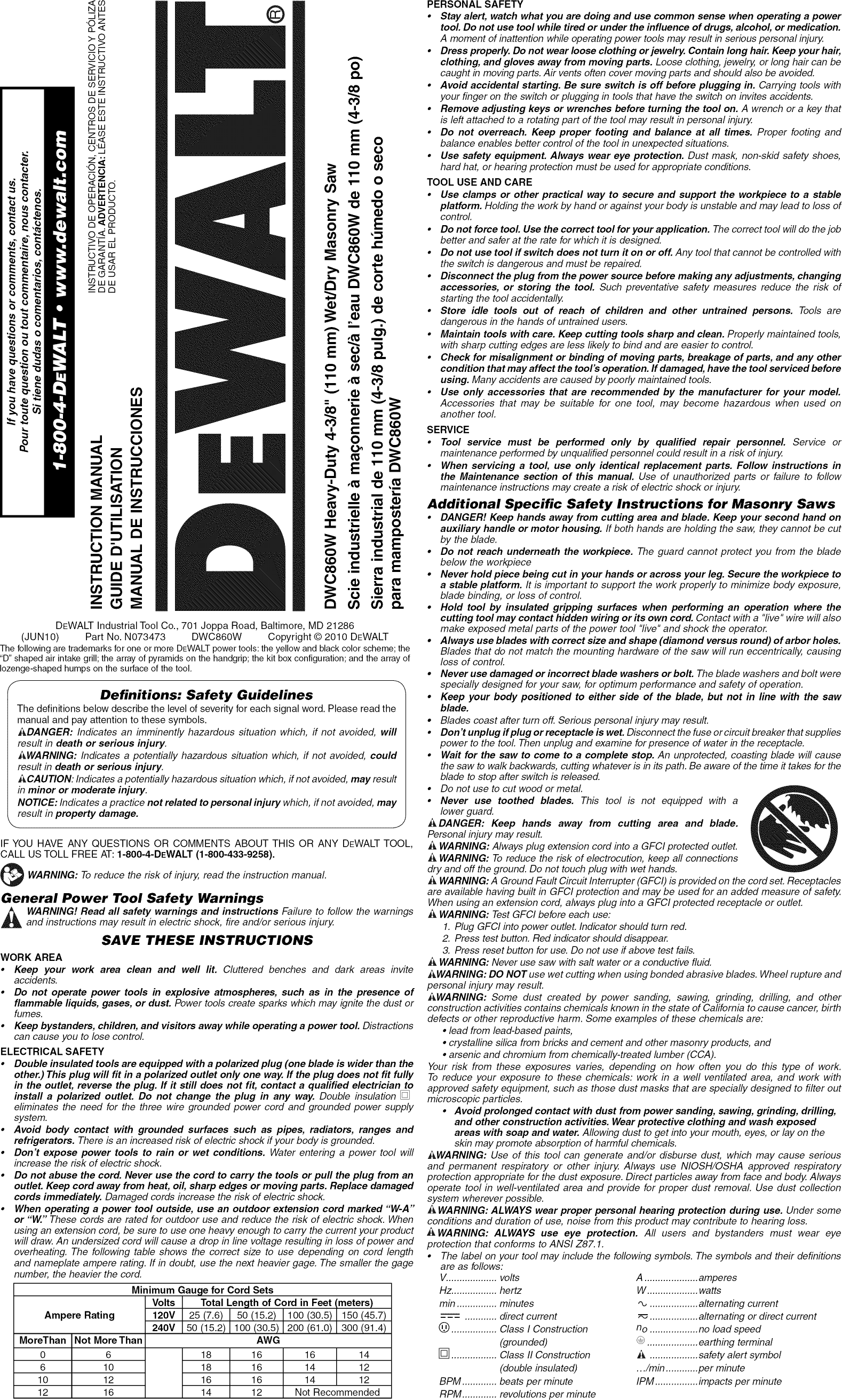 Page 1 of 7 - Dewalt DWC860W TYPE 1 User Manual MASONRY SAW - Manuals And Guides 1403707L