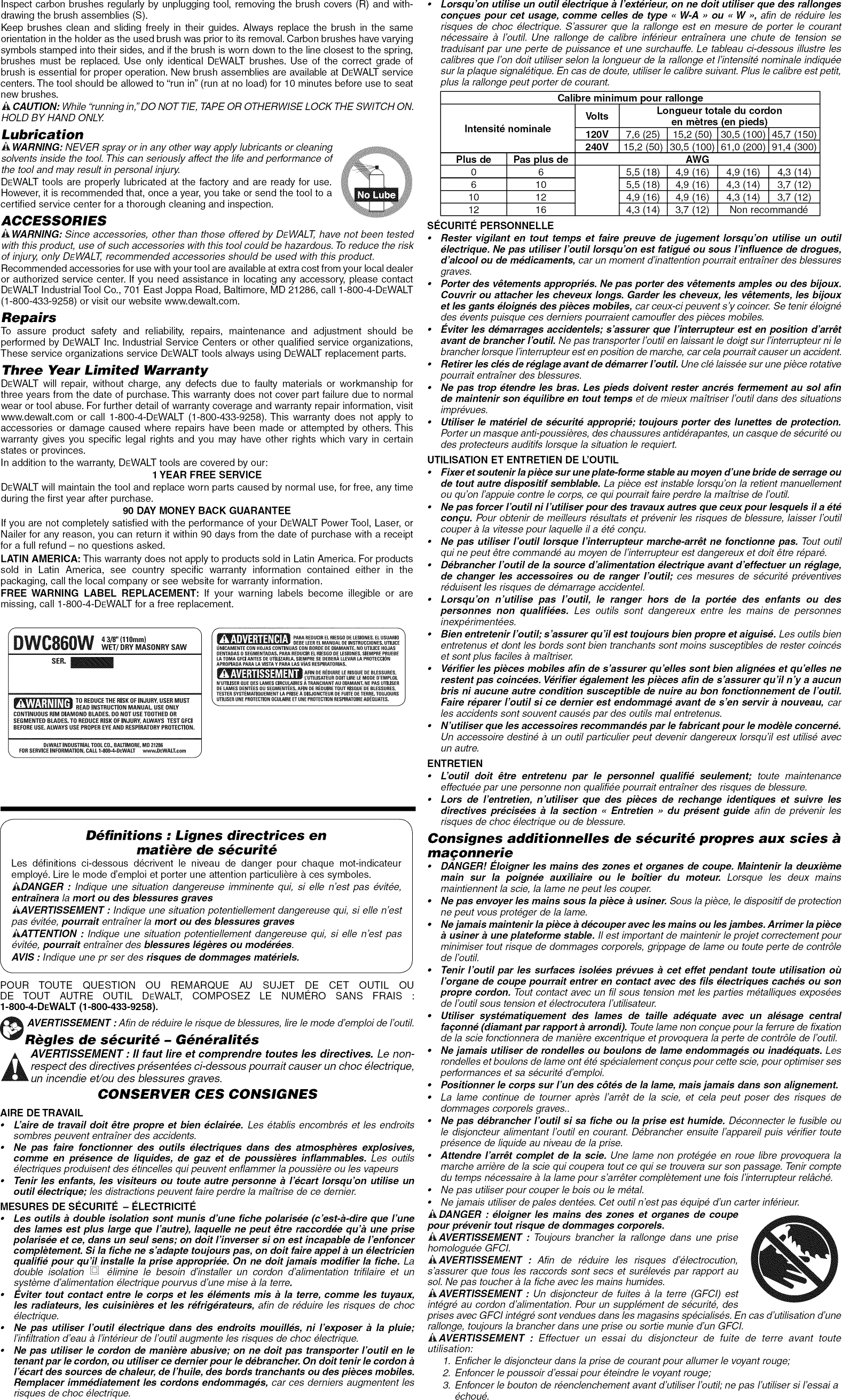 Page 3 of 7 - Dewalt DWC860W TYPE 1 User Manual MASONRY SAW - Manuals And Guides 1403707L