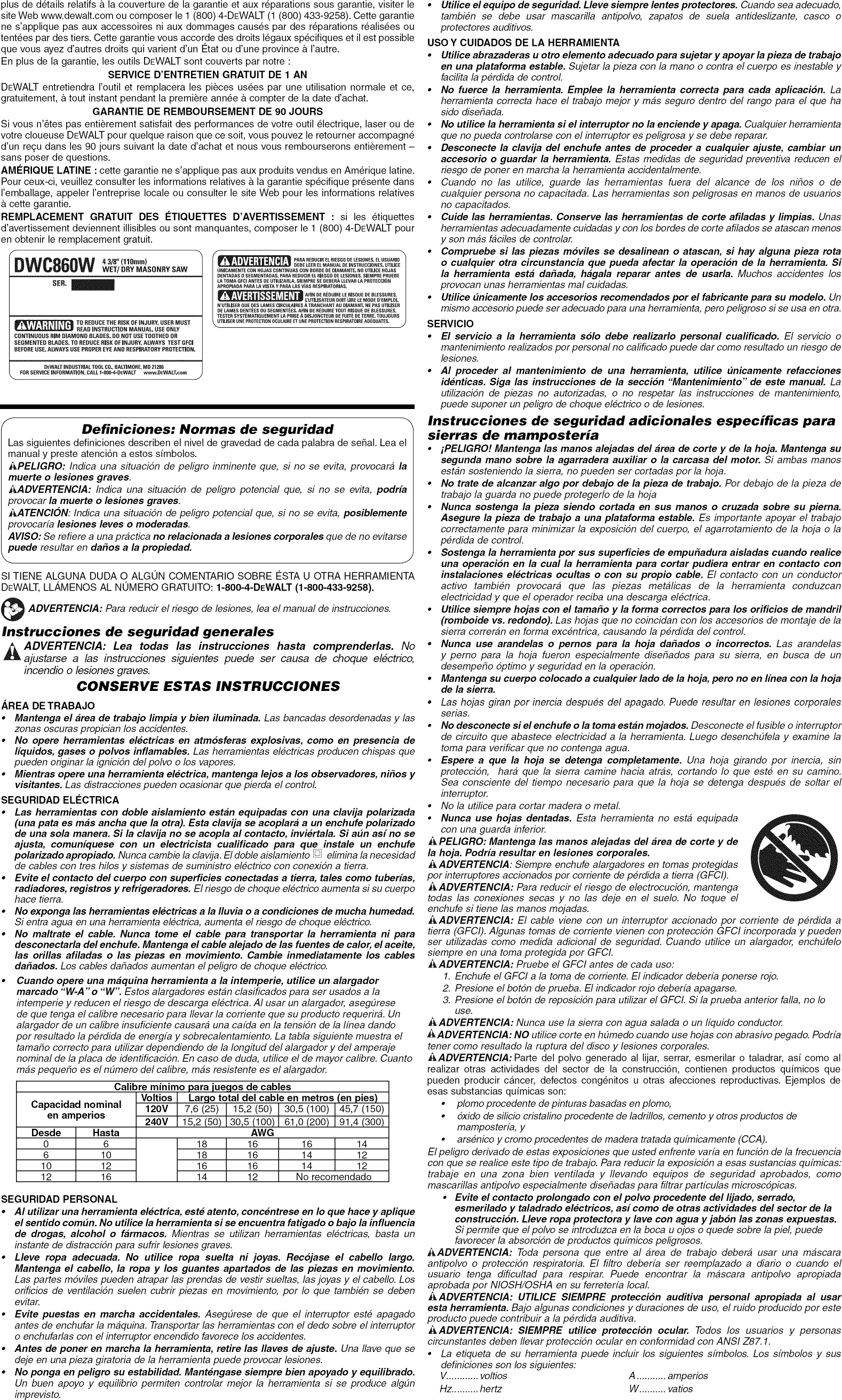 Page 5 of 7 - Dewalt DWC860W TYPE 1 User Manual MASONRY SAW - Manuals And Guides 1403707L