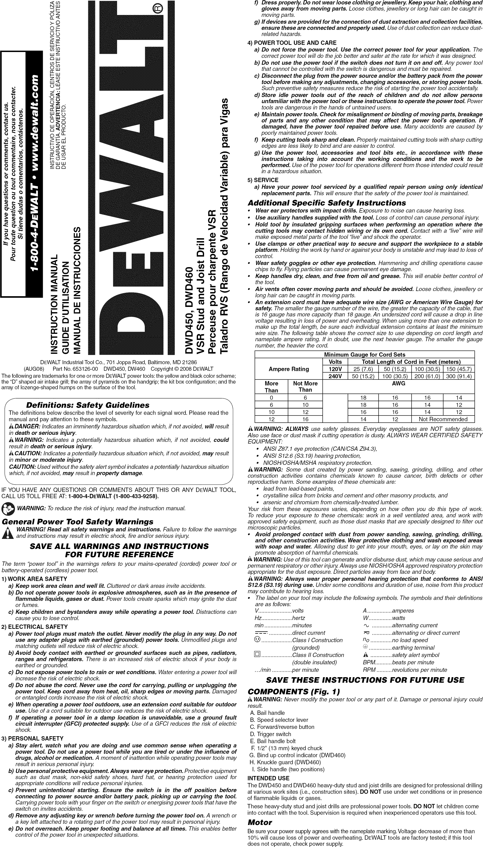 Page 1 of 7 - Dewalt DWD450 TYPE 1 User Manual  DRILL DRIVER - Manuals And Guides 1407104L
