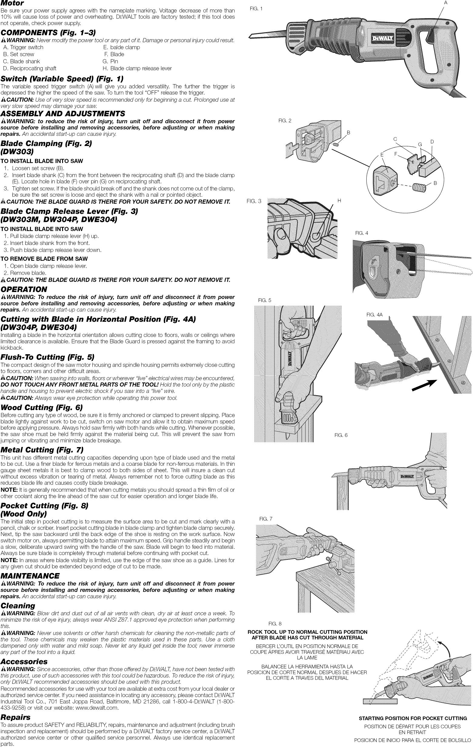 Dewalt DWE304 TYPE 1 User Manual RECIPROCATING SAW Manuals And Guides