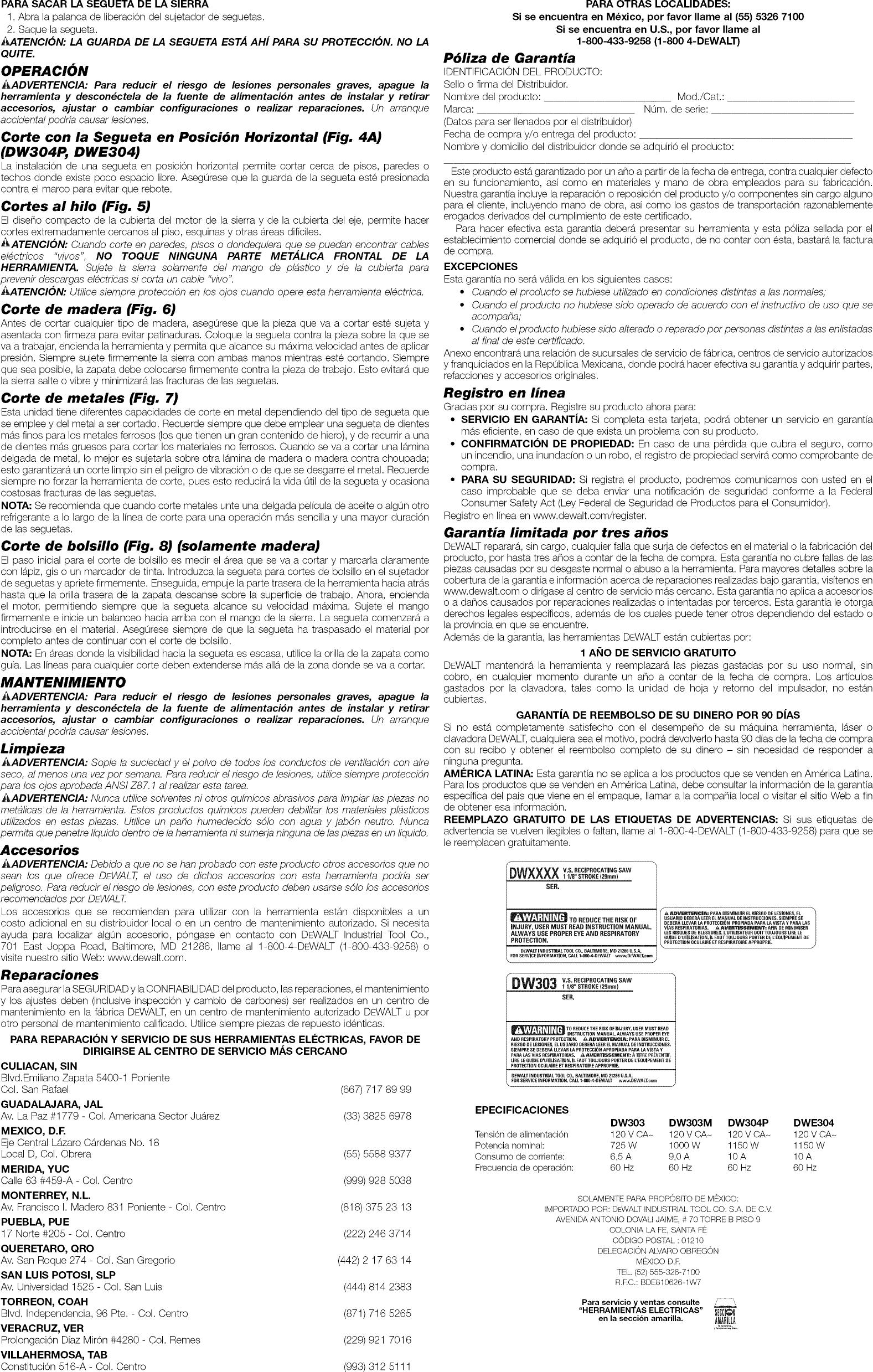 Dewalt DWE304 TYPE 1 User Manual RECIPROCATING SAW Manuals And Guides