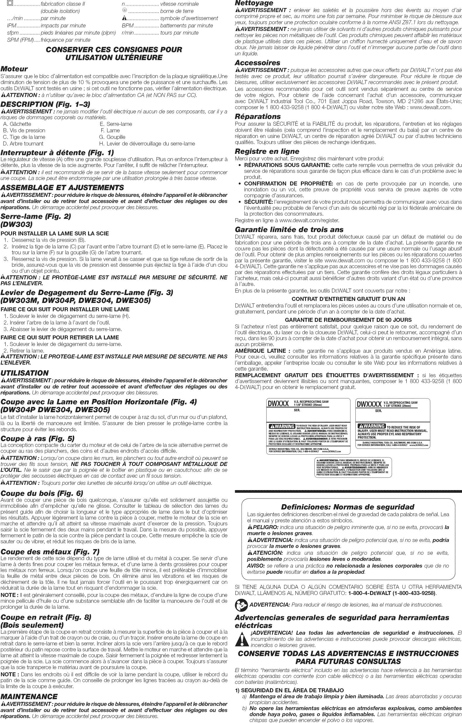 Page 4 of 6 - Dewalt DWE304 TYPE 3 User Manual RECIPROCATING SAW - Manuals And Guides 1509218L