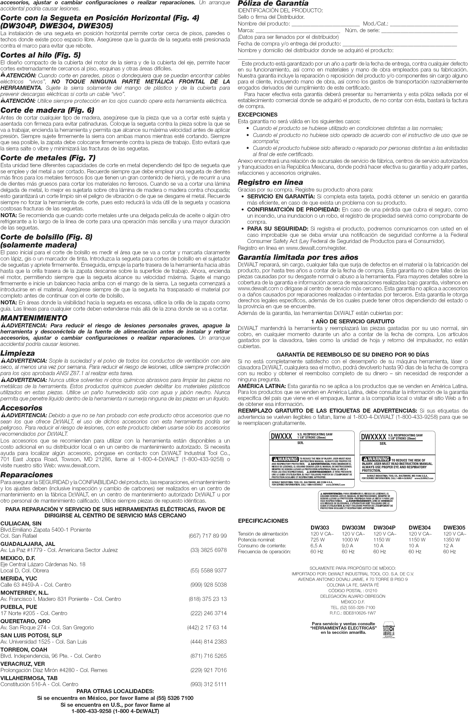 Dewalt DWE304 TYPE 3 User Manual RECIPROCATING SAW Manuals And Guides