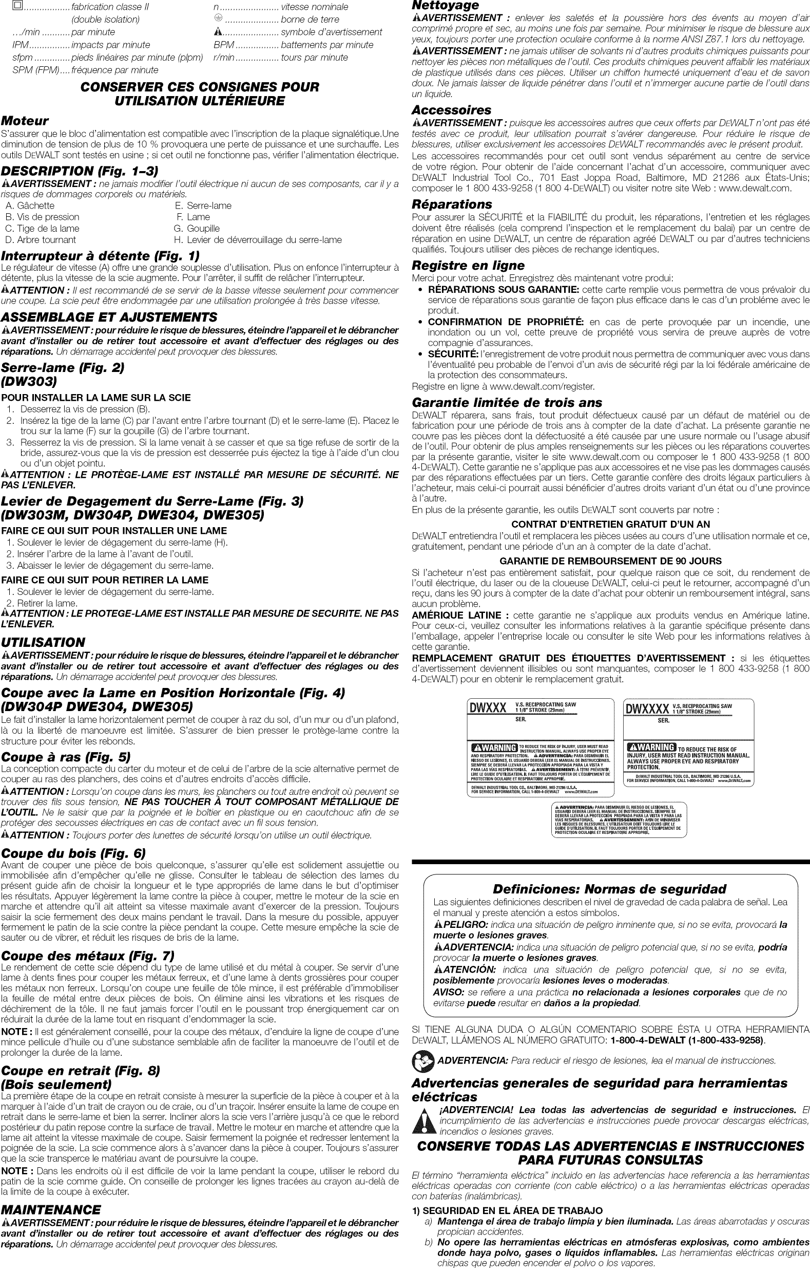 Dewalt DWE305 TYPE 1 User Manual RECIPROCATING SAW Manuals And Guides