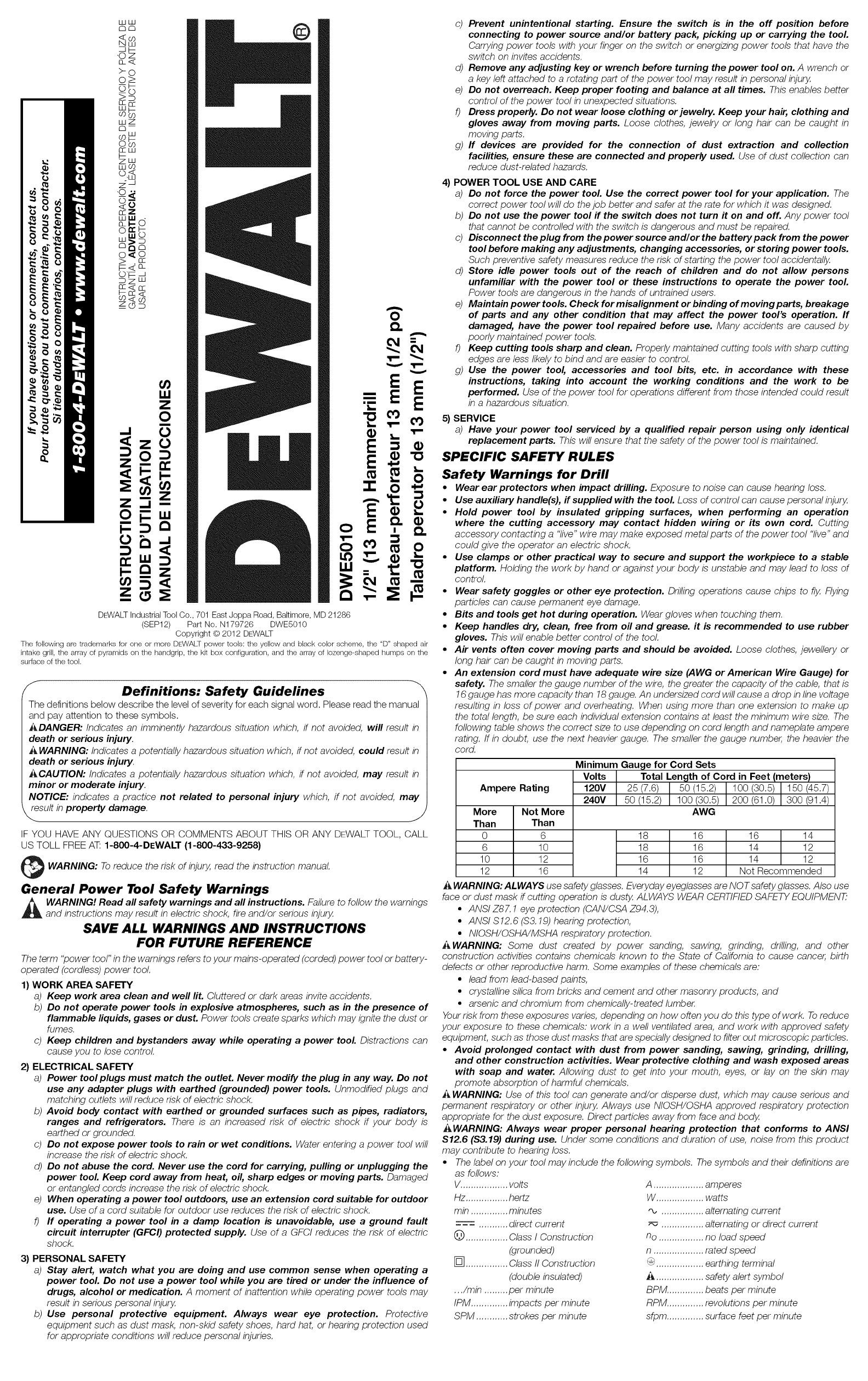Dewalt DWE5010 TYPE 1 User Manual HAMMER DRILL Manuals And Guides 1405293L