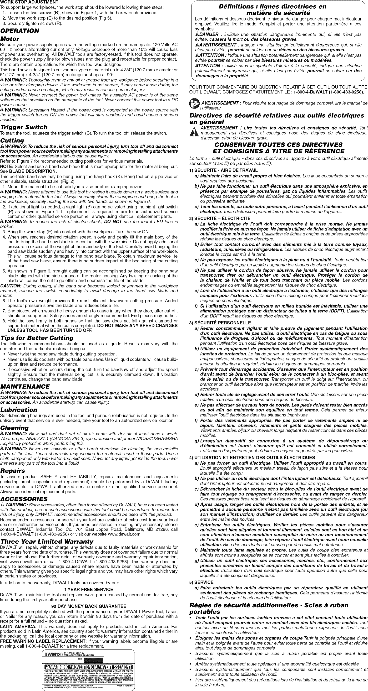Page 3 of 7 - Dewalt DWM120K TYPE1 User Manual BAND SAW - Manuals And Guides 1302255L