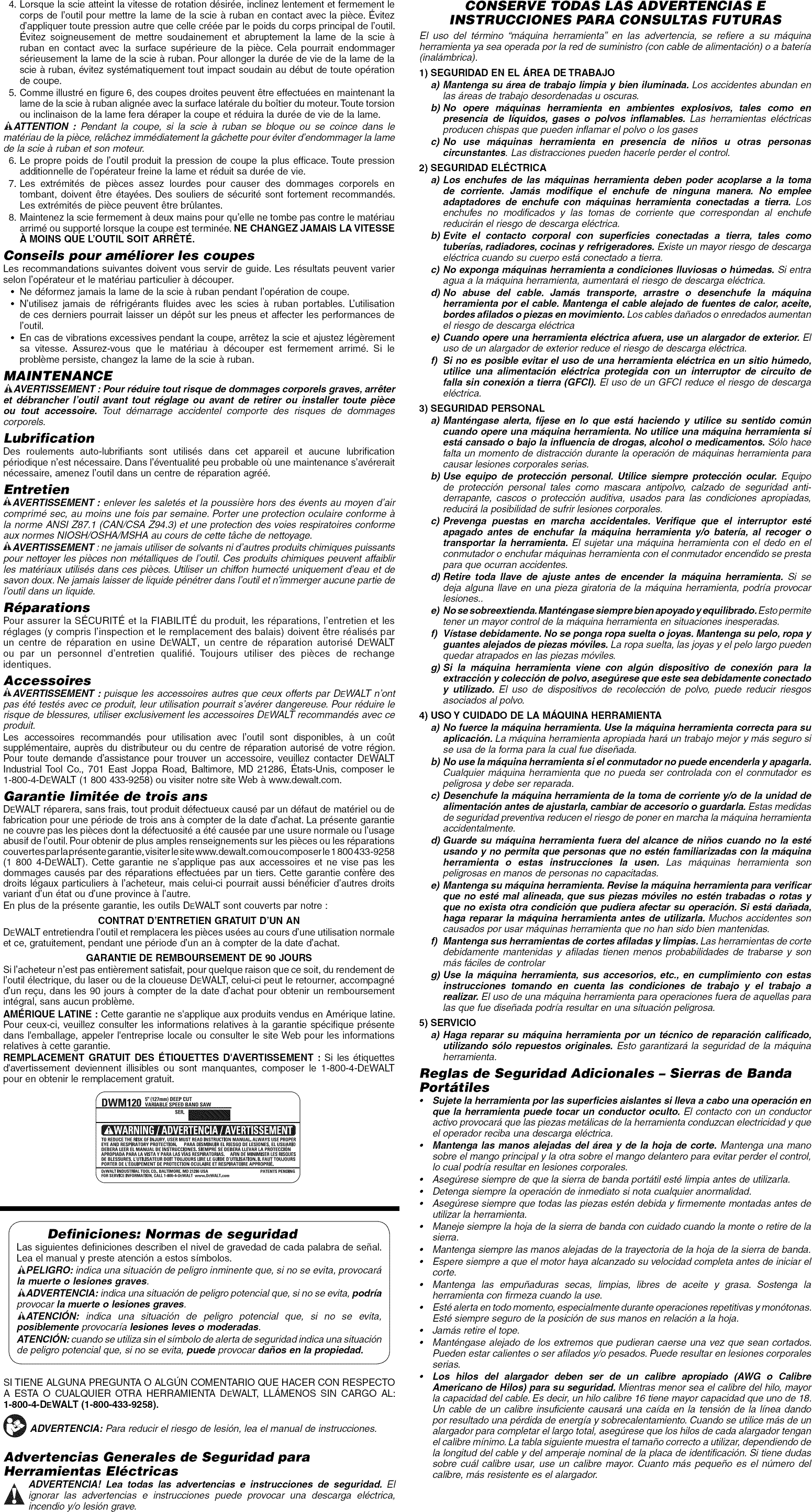 Page 5 of 7 - Dewalt DWM120K TYPE1 User Manual BAND SAW - Manuals And Guides 1302255L