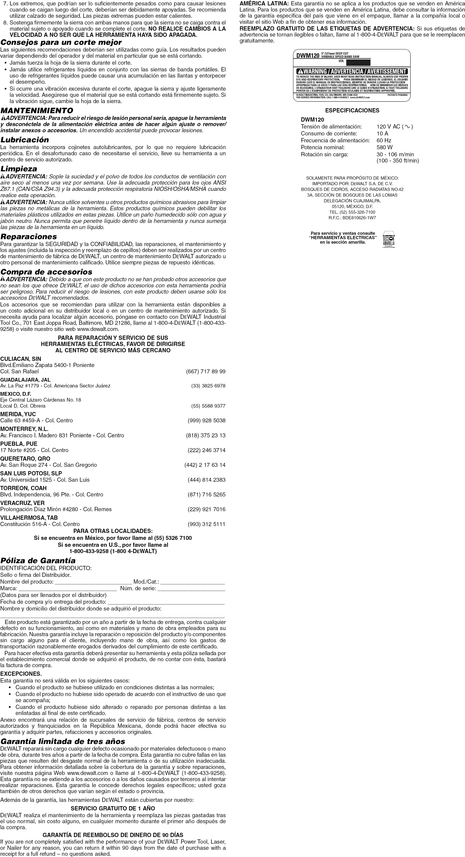 Page 7 of 7 - Dewalt DWM120K TYPE1 User Manual BAND SAW - Manuals And Guides 1302255L