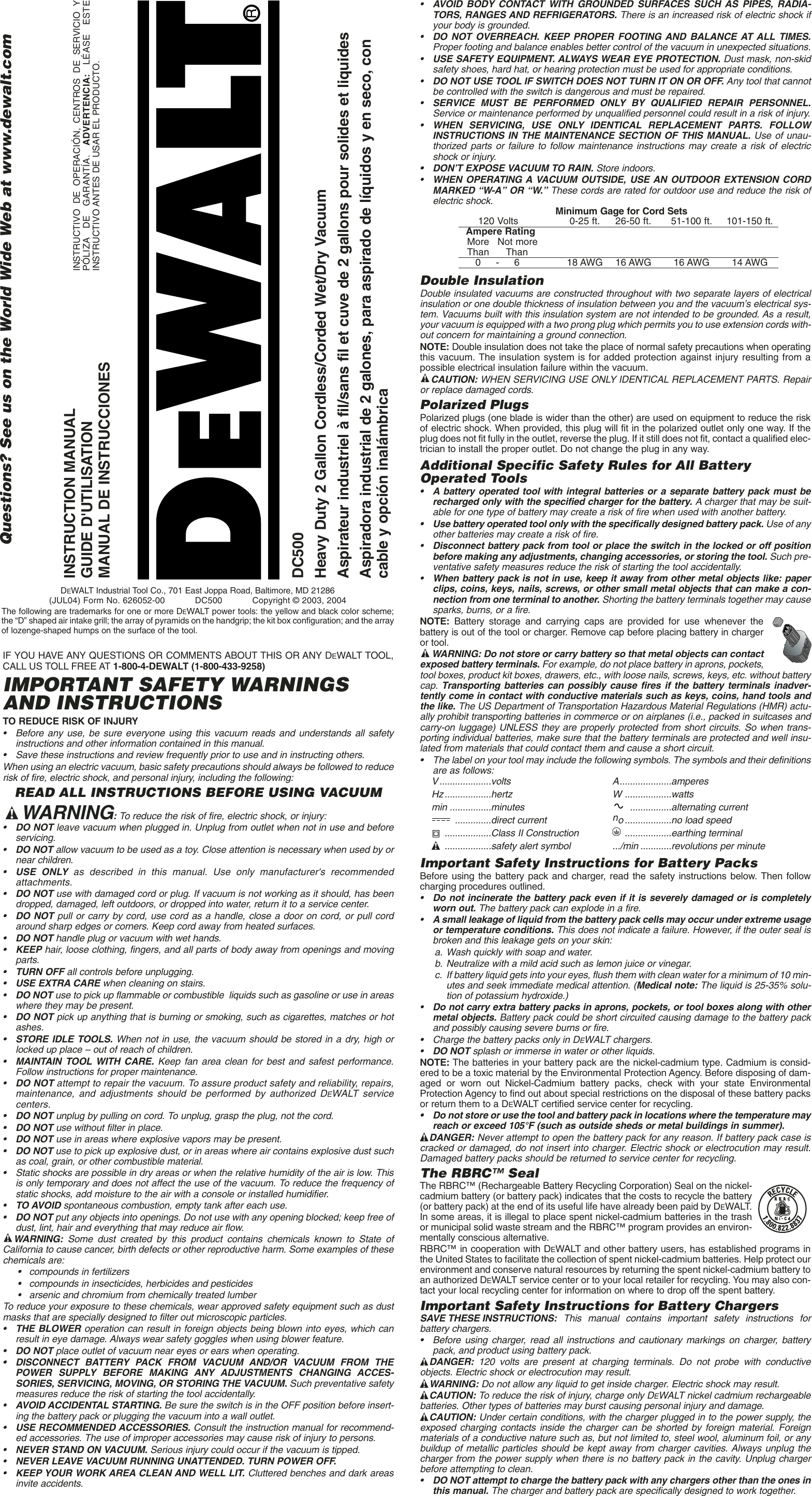 Uplifted Kontinent kaldenavn Dewalt Dc500 Users Manual Print 619475 01,DC500